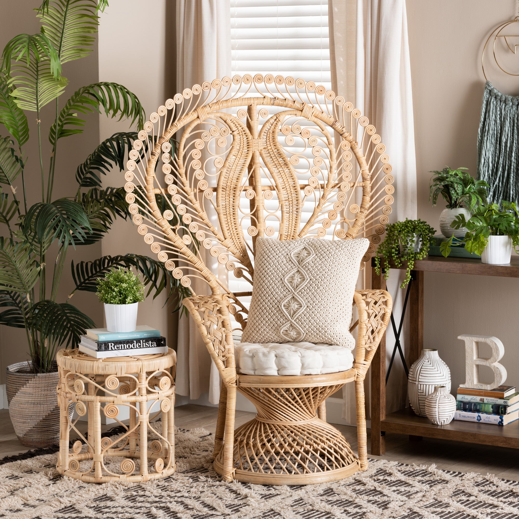 bali & pari Fedra Modern Bohemian Natural Brown Rattan Peacock Accent Chair