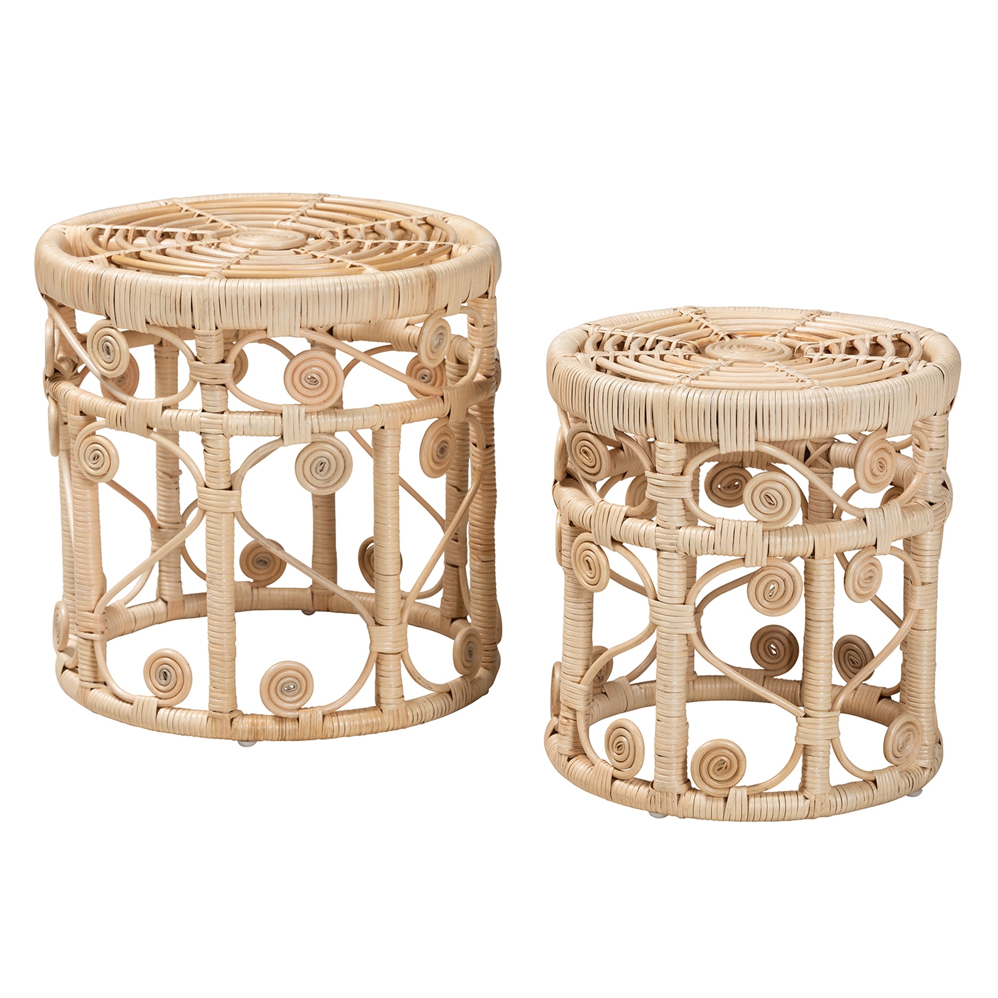 bali & pari Bowie Modern Bohemian Natural Brown Rattan 2-Piece Nesting End Table Set