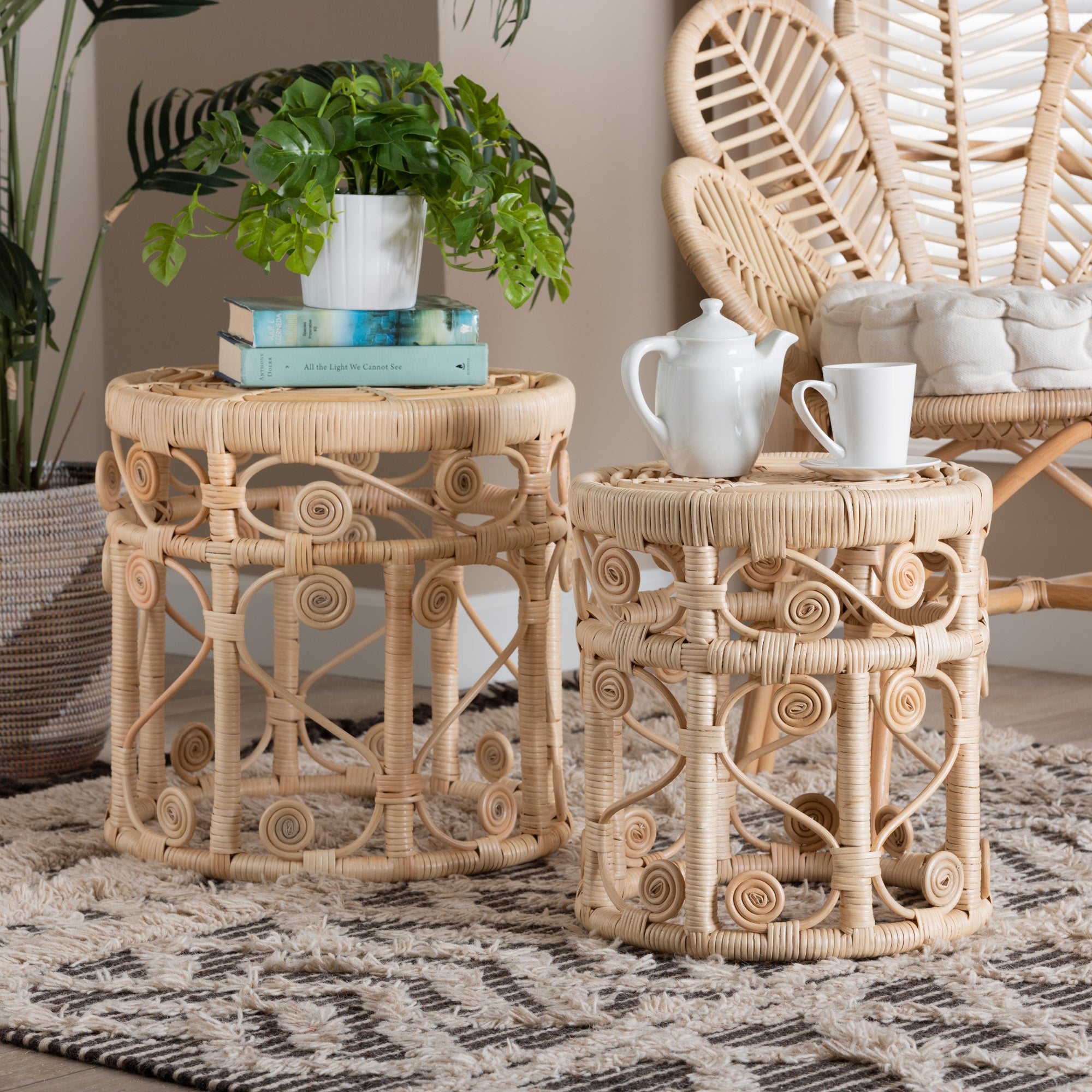 bali & pari Bowie Modern Bohemian Natural Brown Rattan 2-Piece Nesting End Table Set