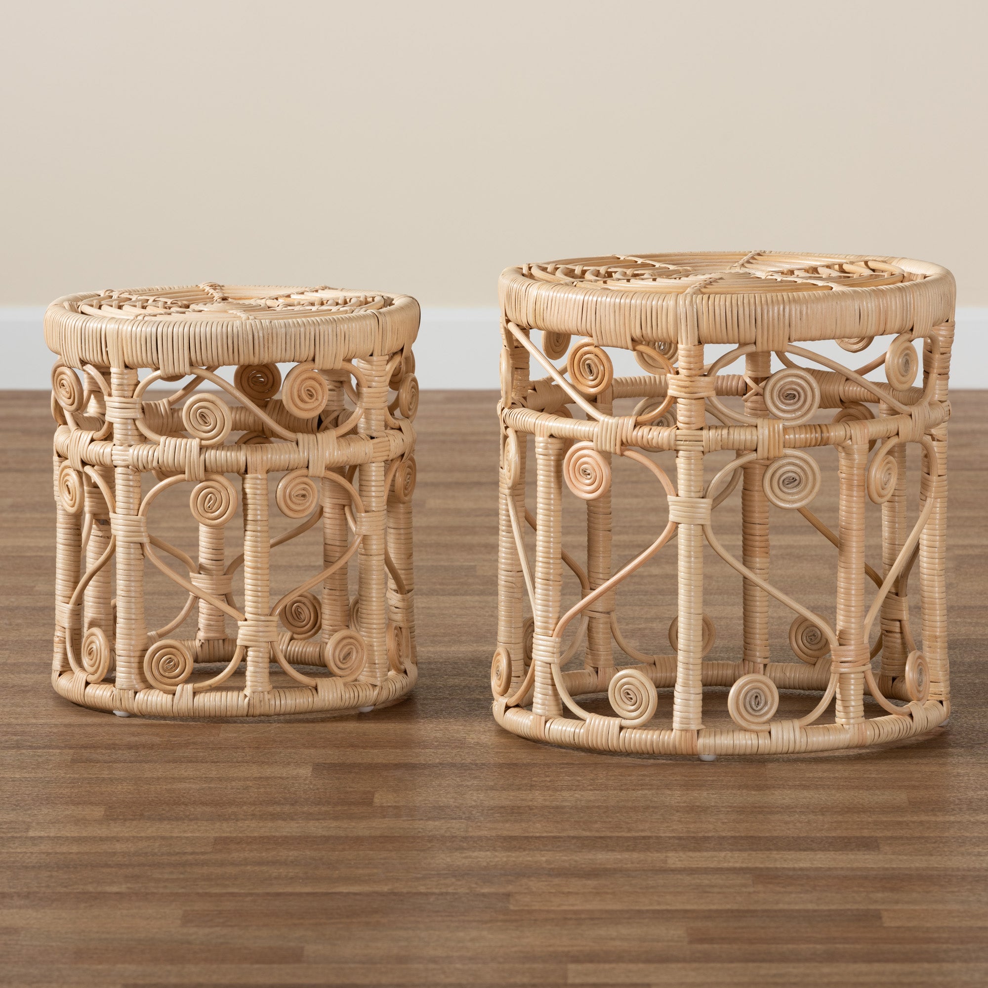 bali & pari Bowie Modern Bohemian Natural Brown Rattan 2-Piece Nesting End Table Set