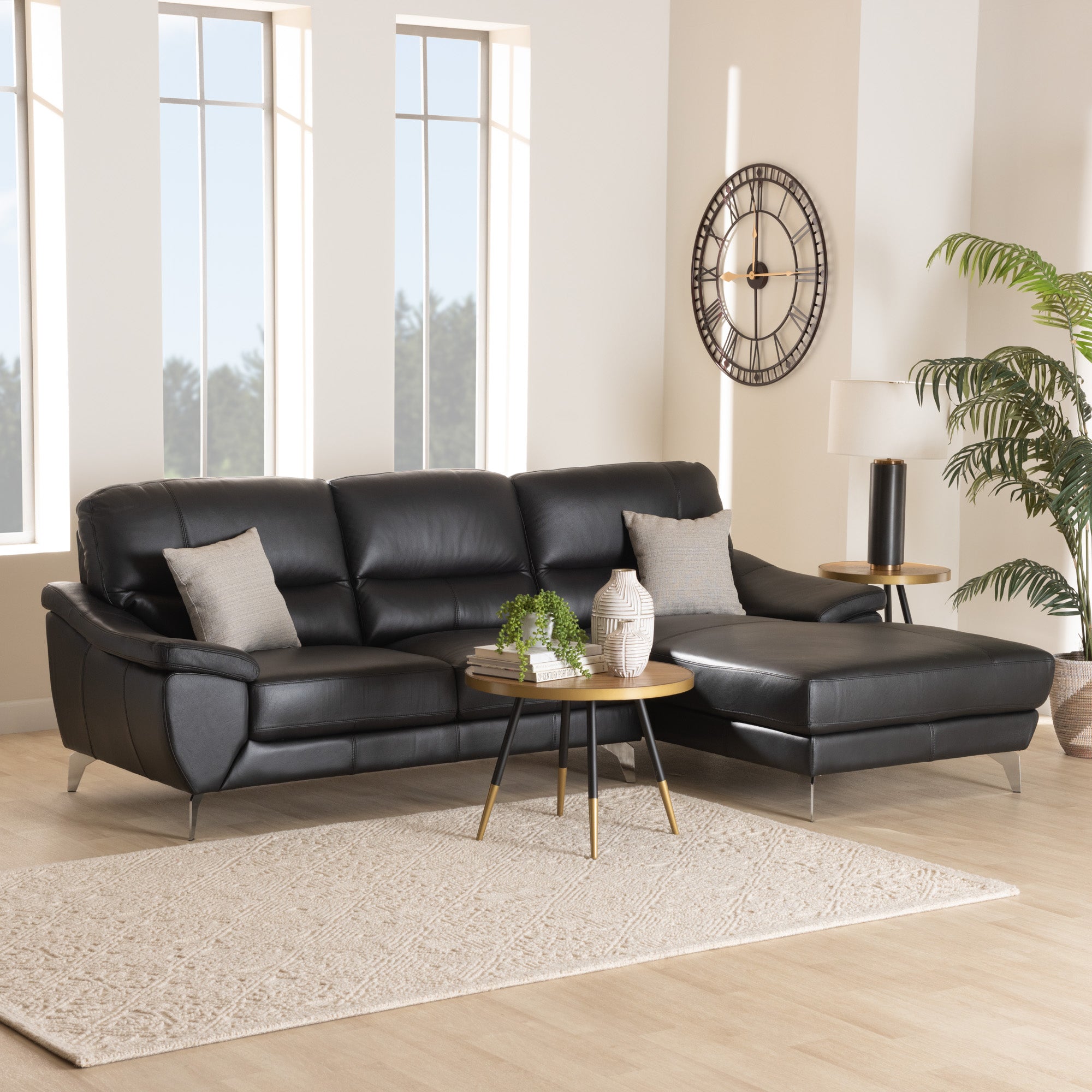 Baxton Studio Townsend Modern Black Full Leather Sectional Sofa with Right Facing Chaise