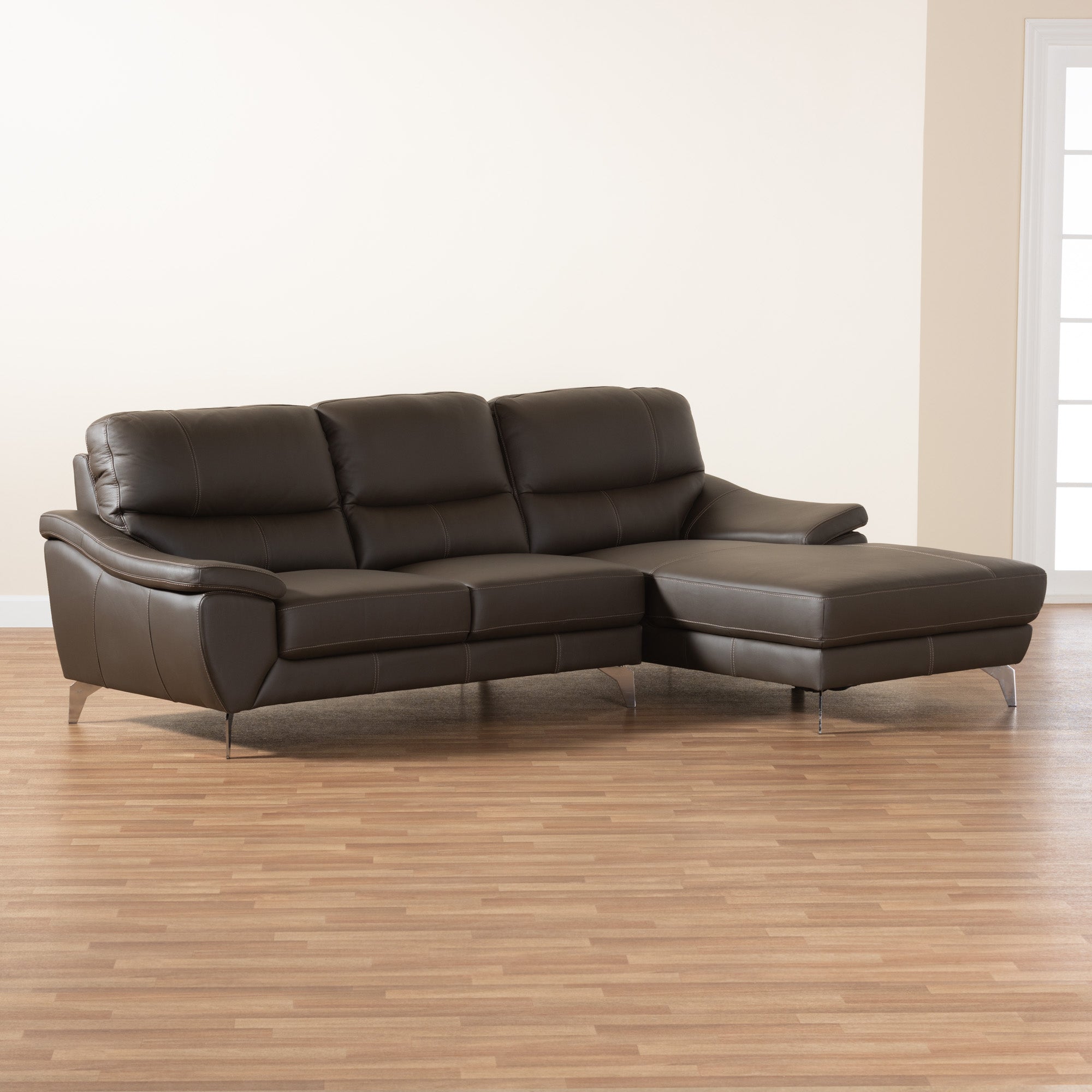 Baxton Studio Townsend Modern Brown Full Leather Sectional Sofa with Right Facing Chaise