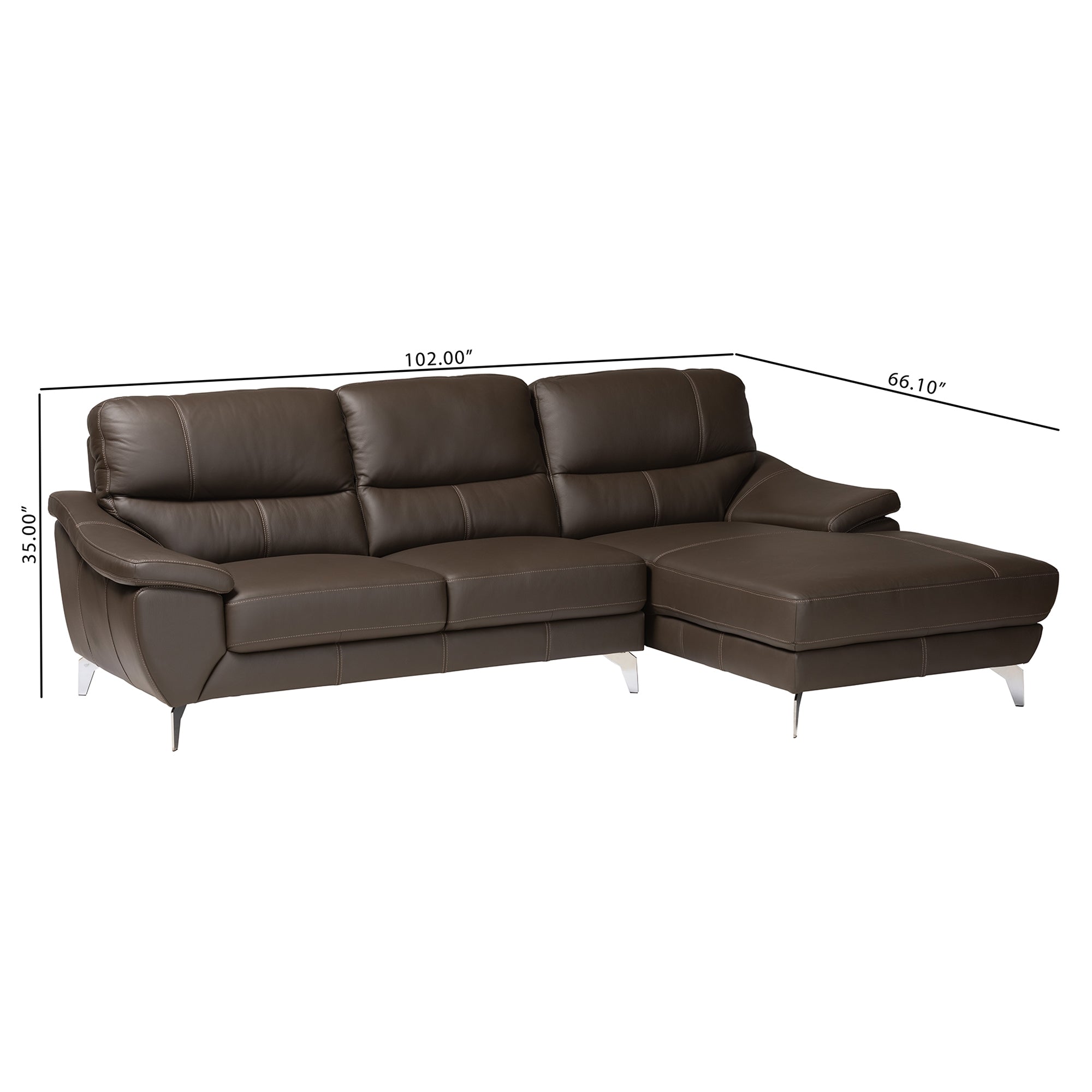 Baxton Studio Townsend Modern Brown Full Leather Sectional Sofa with Right Facing Chaise