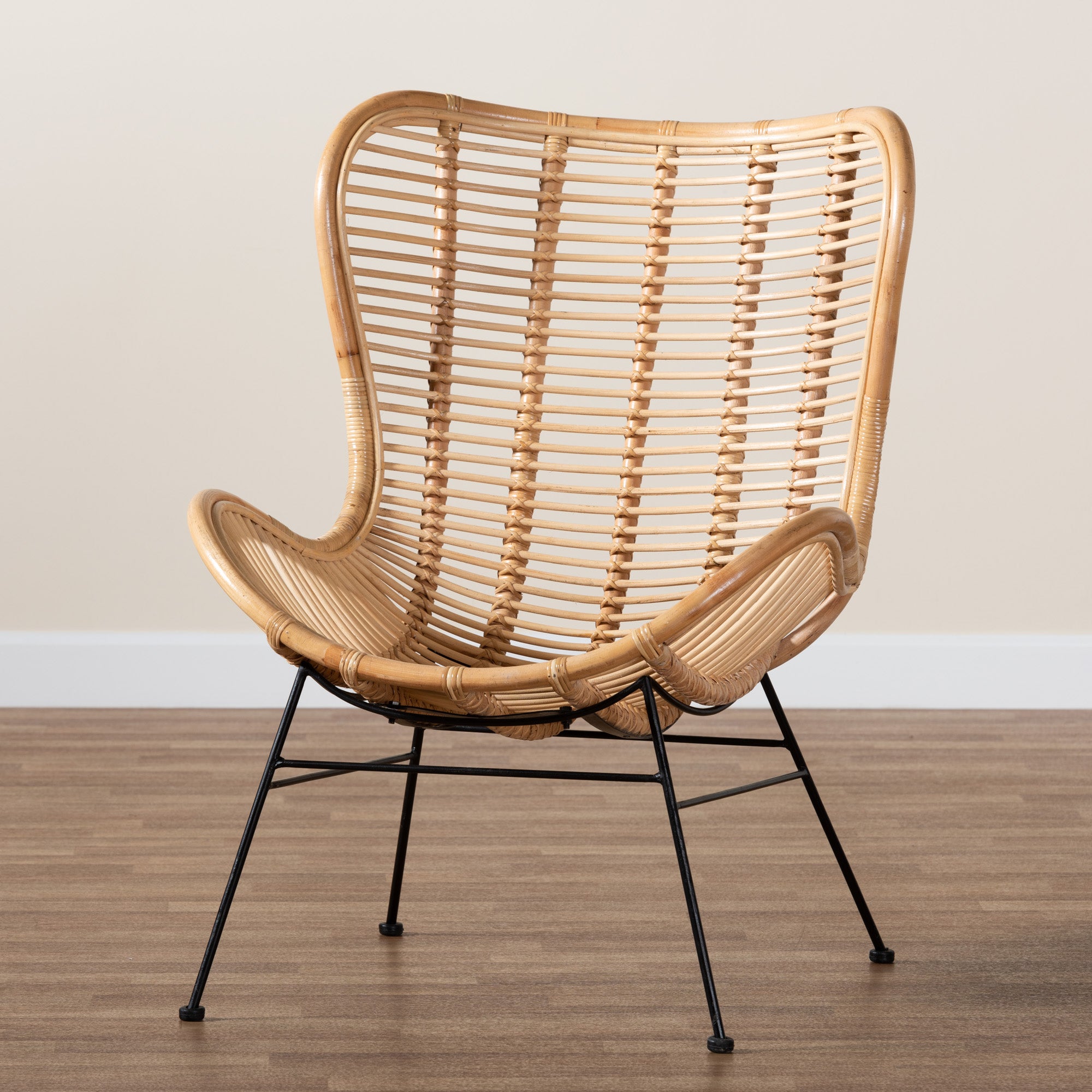 bali & pari Colorado Modern Bohemian Natural Brown Rattan and Black Metal Accent Chair