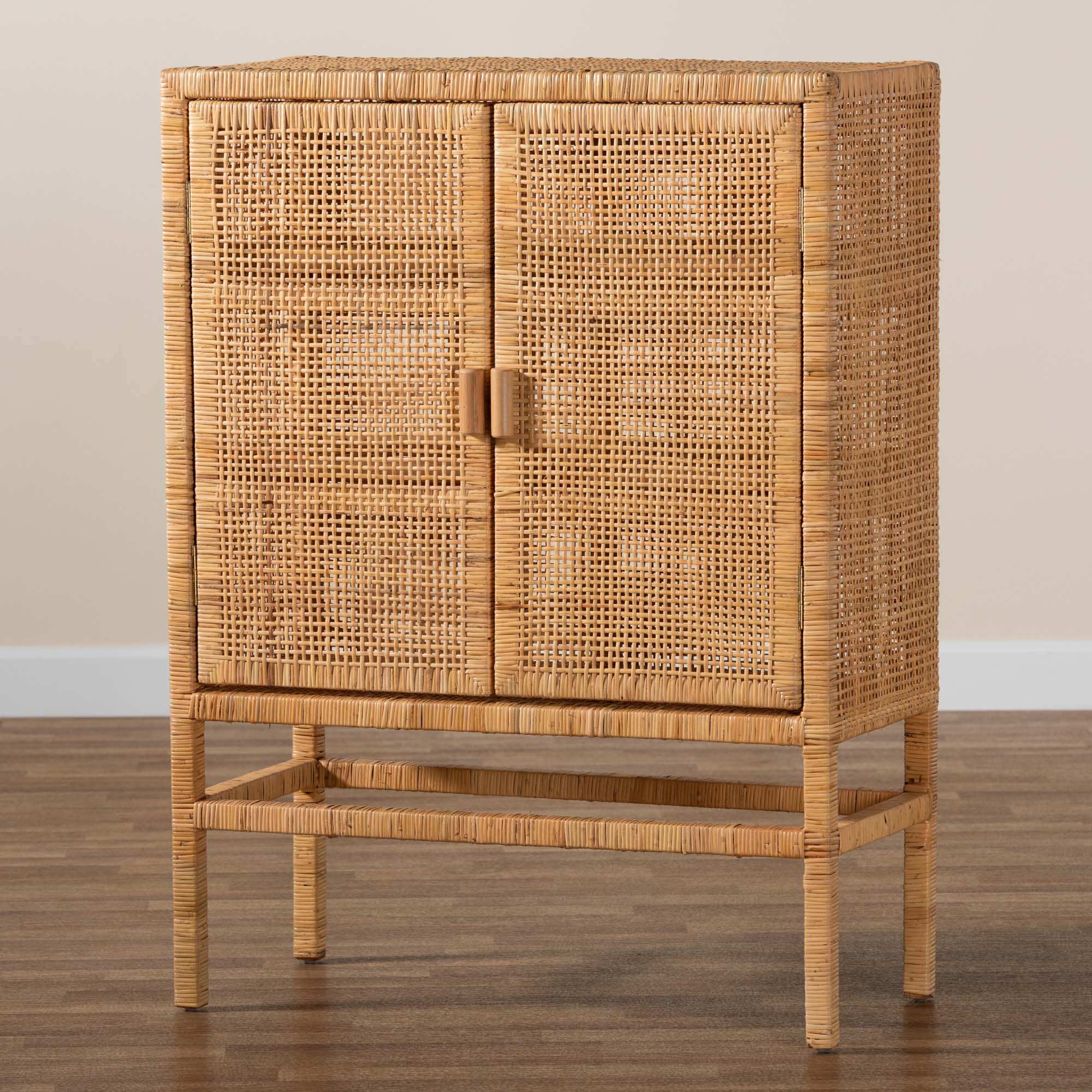 bali & pari Vivan Modern Bohemian Natural Brown Rattan and Mahogany Wood 3-Shelf Storage Cabinet