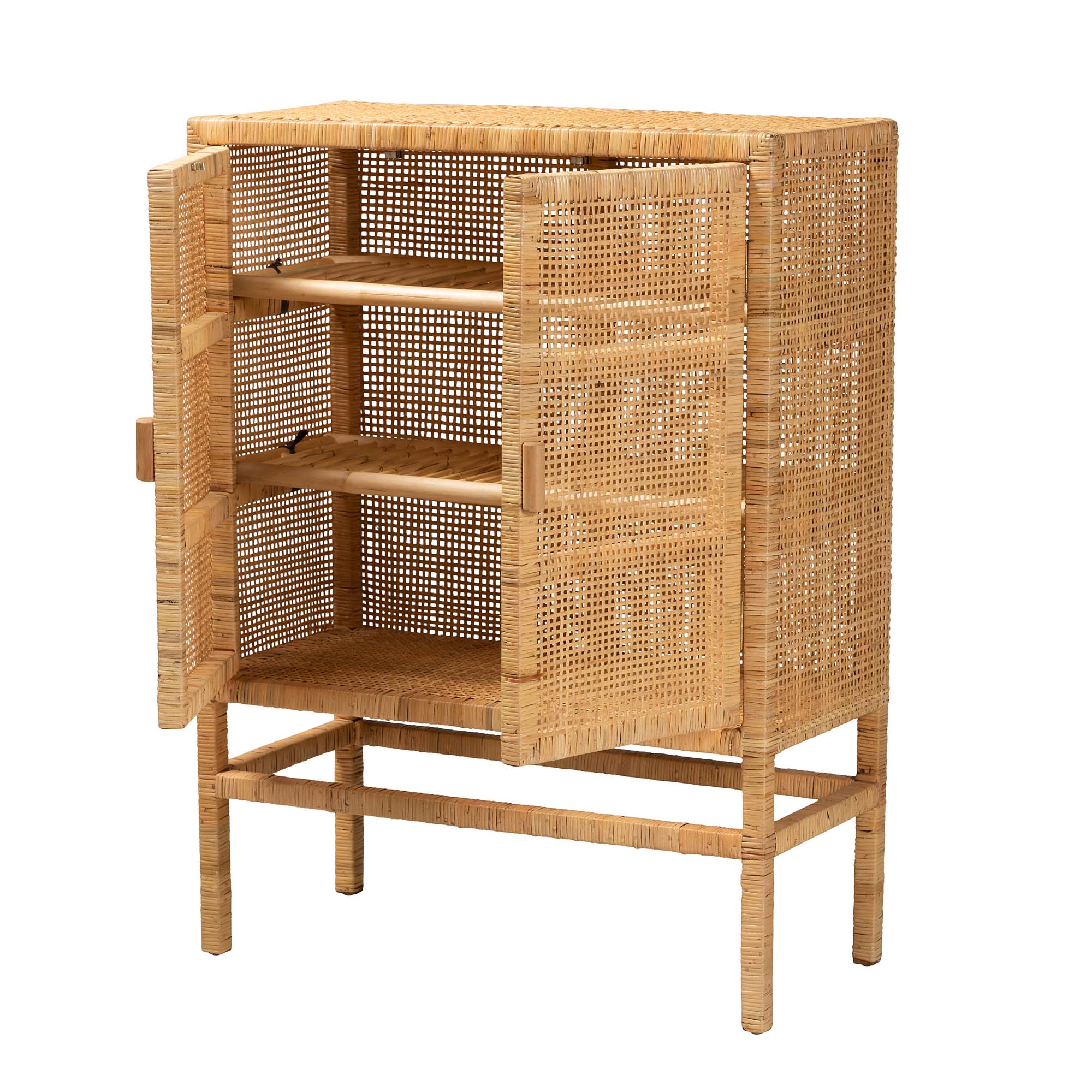 bali & pari Vivan Modern Bohemian Natural Brown Rattan and Mahogany Wood 3-Shelf Storage Cabinet