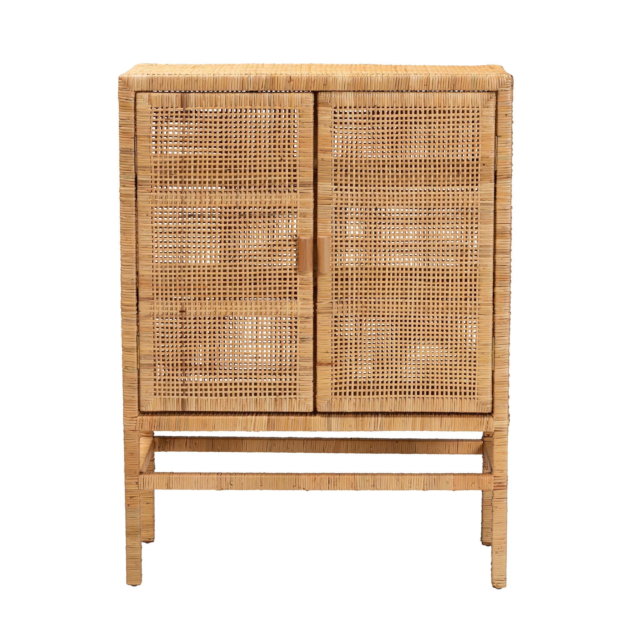 bali & pari Vivan Modern Bohemian Natural Brown Rattan and Mahogany Wood 3-Shelf Storage Cabinet