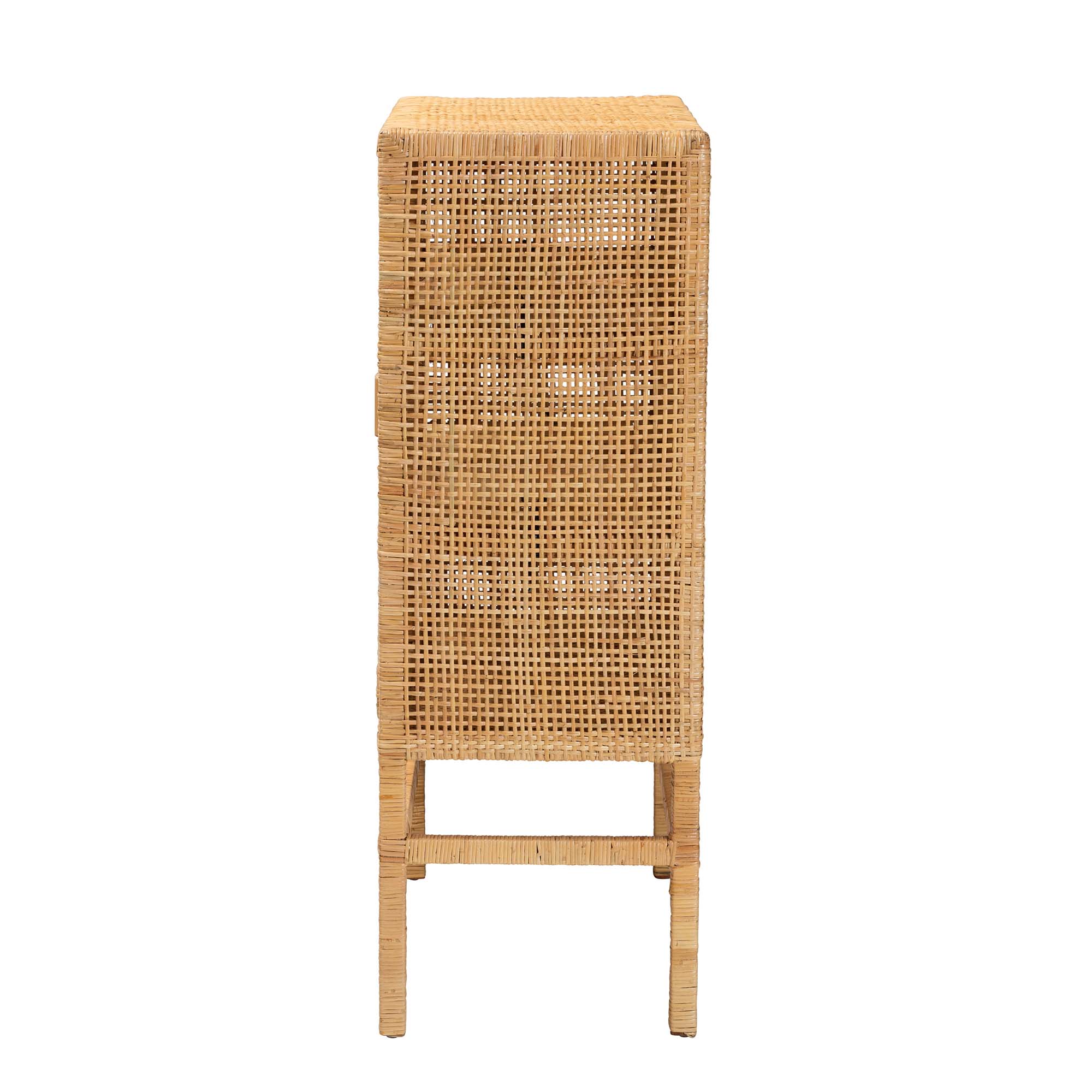 bali & pari Vivan Modern Bohemian Natural Brown Rattan and Mahogany Wood 3-Shelf Storage Cabinet