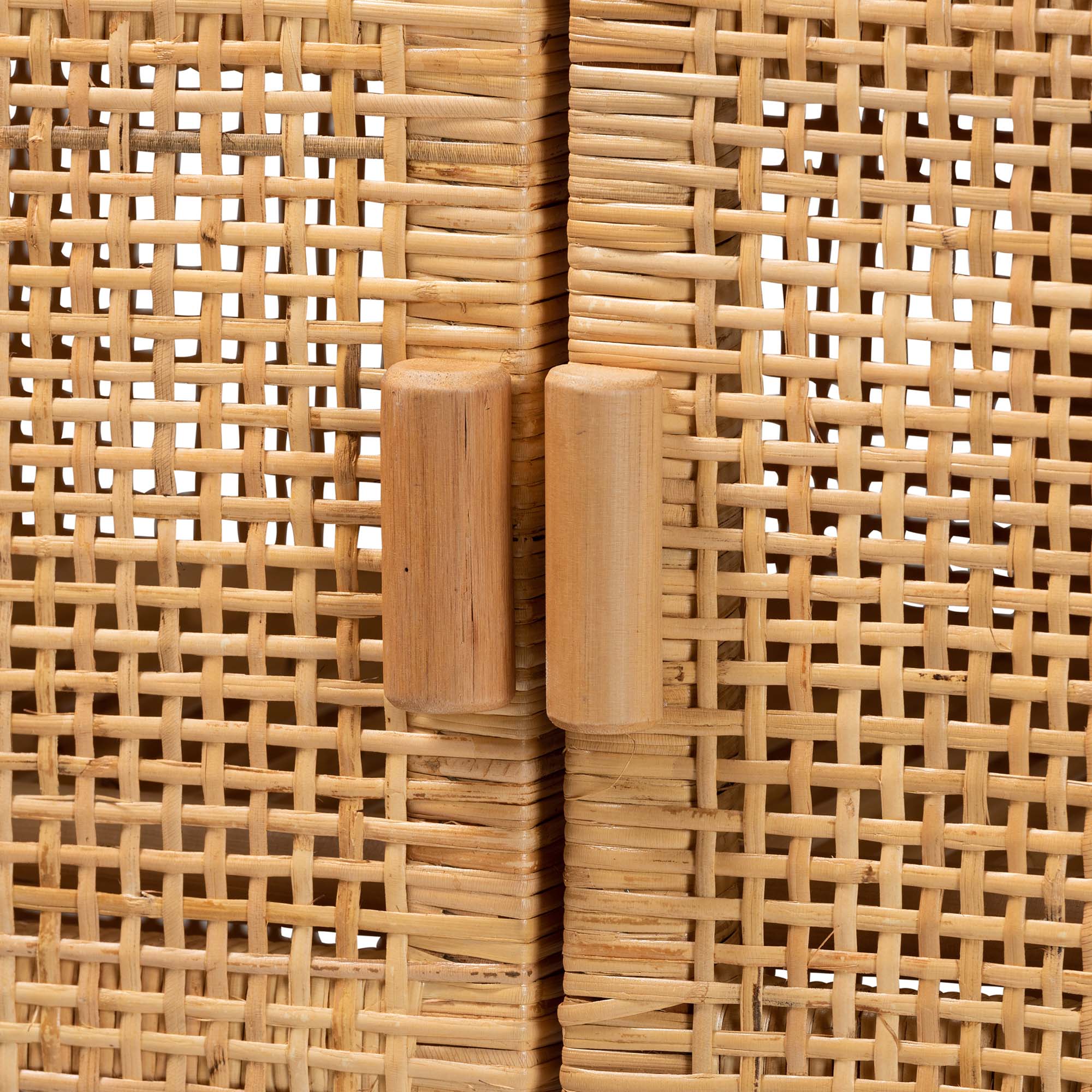 bali & pari Vivan Modern Bohemian Natural Brown Rattan and Mahogany Wood 3-Shelf Storage Cabinet