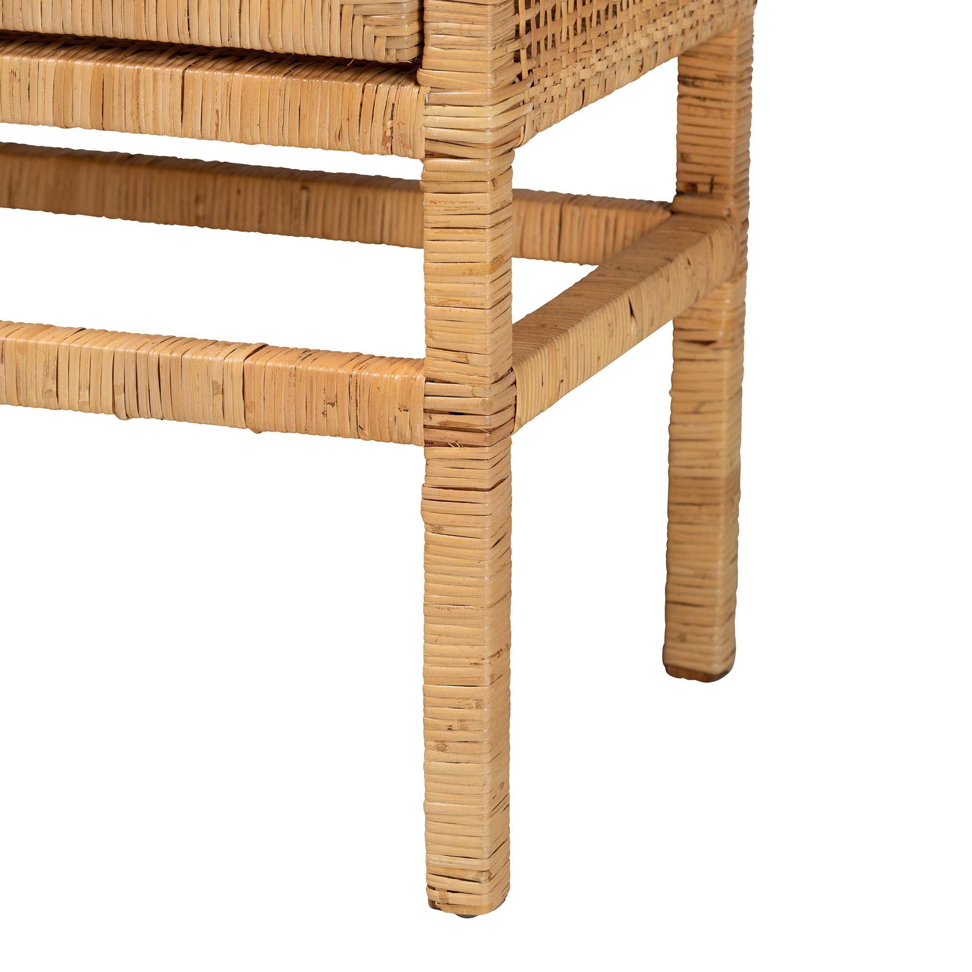bali & pari Vivan Modern Bohemian Natural Brown Rattan and Mahogany Wood 3-Shelf Storage Cabinet