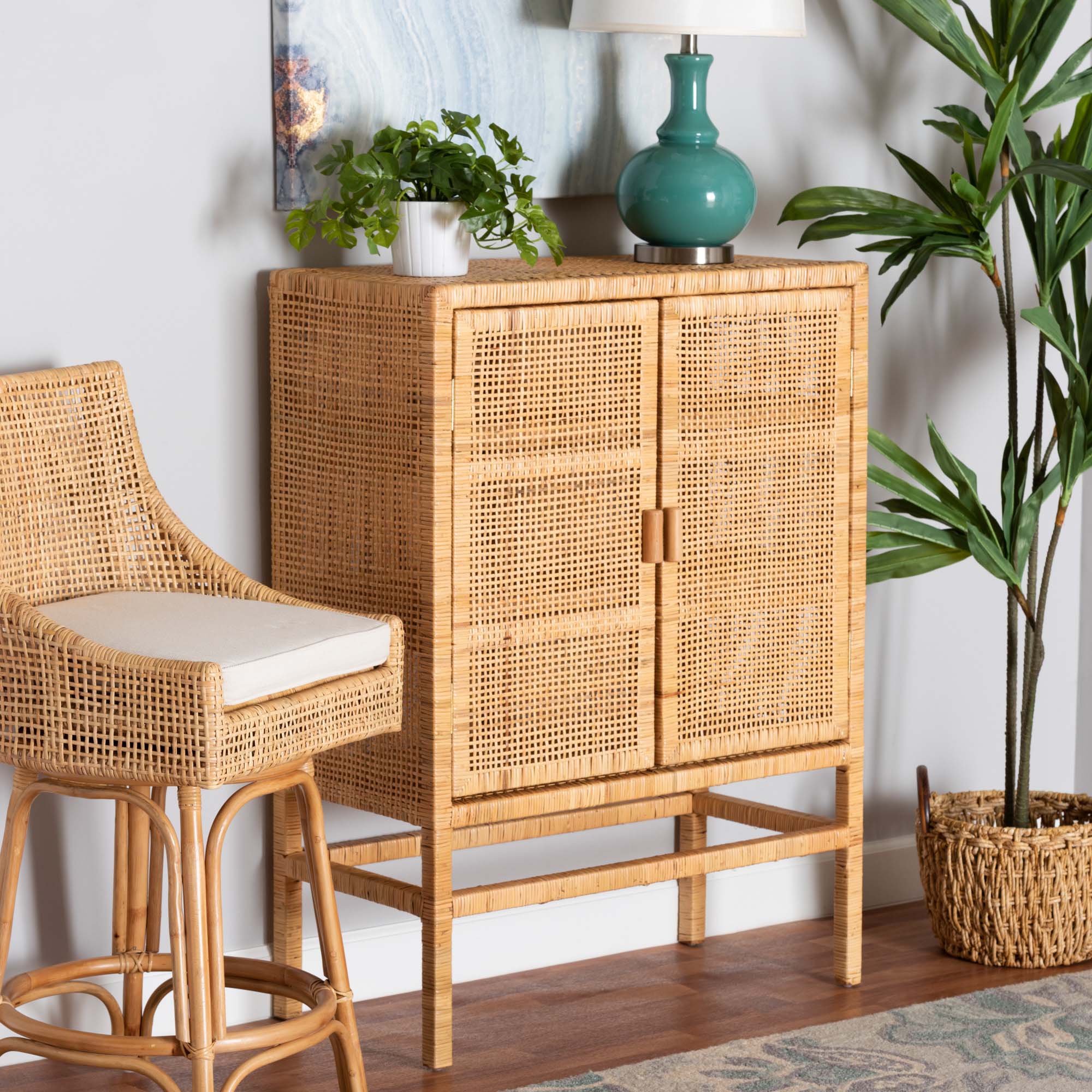 bali & pari Vivan Modern Bohemian Natural Brown Rattan and Mahogany Wood 3-Shelf Storage Cabinet