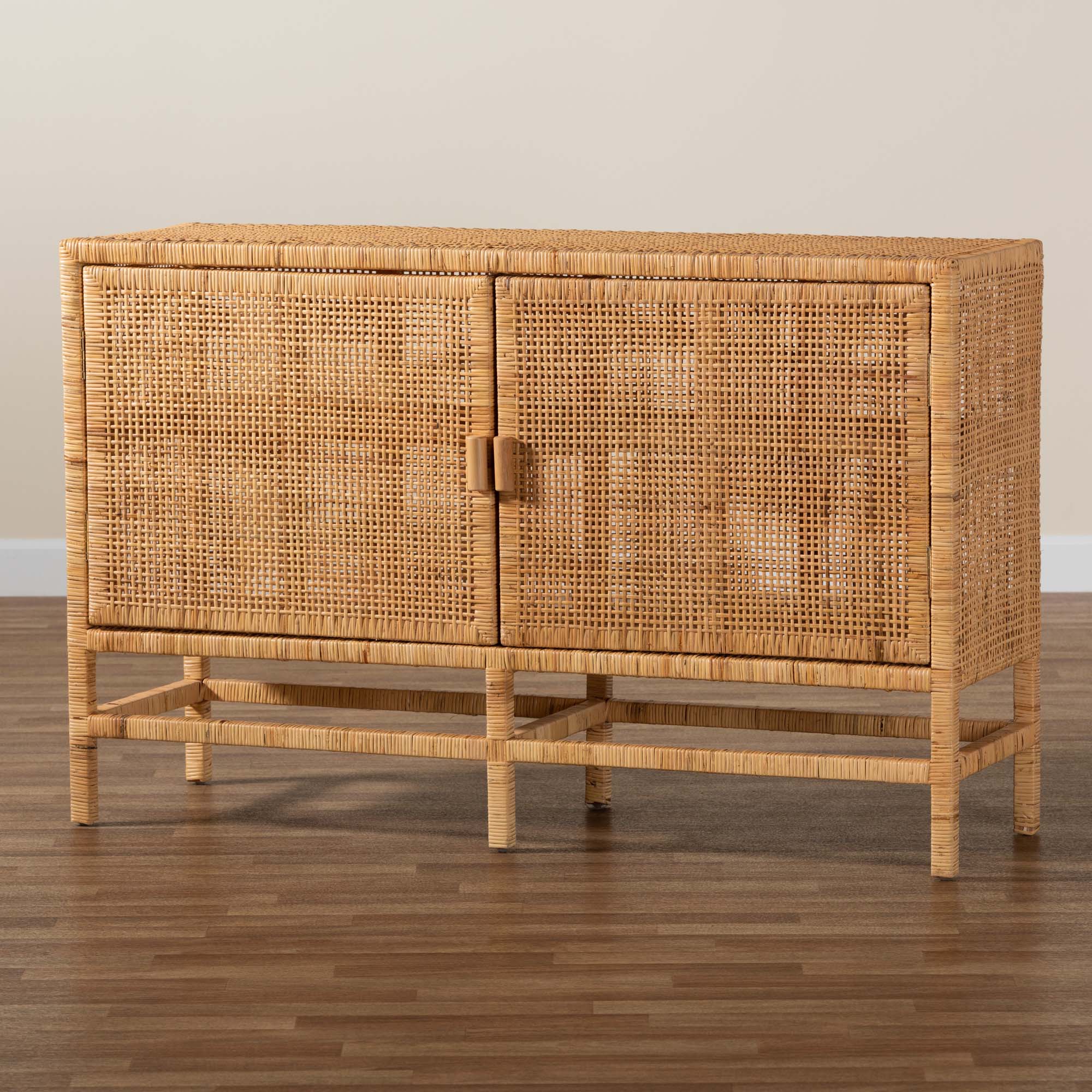 bali & pari Vivan Modern Bohemian Natural Brown Rattan and Mahogany Wood Storage Cabinet