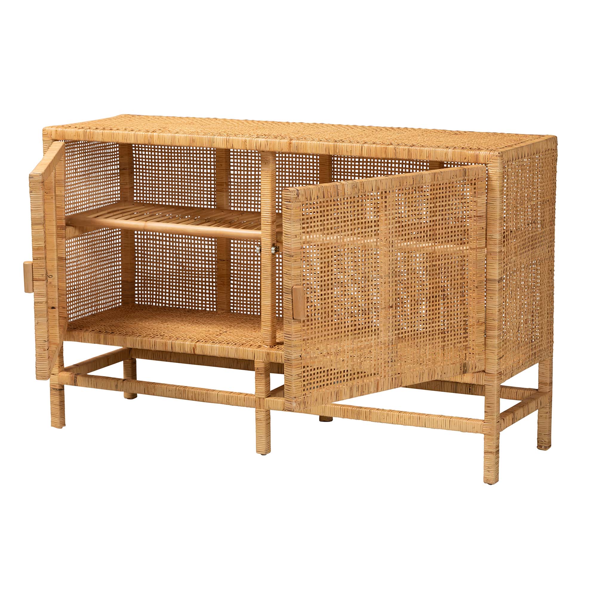 bali & pari Vivan Modern Bohemian Natural Brown Rattan and Mahogany Wood Storage Cabinet