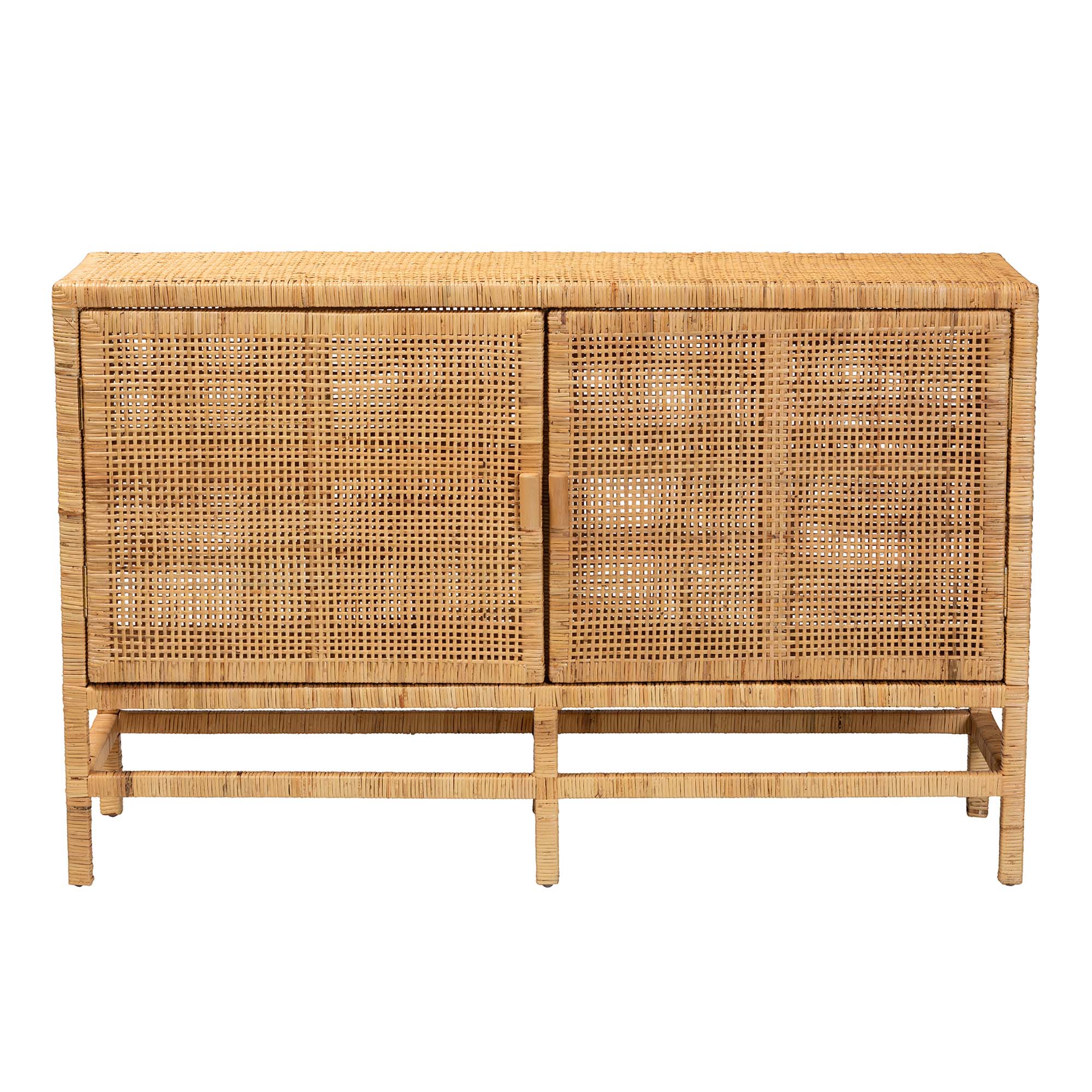 bali & pari Vivan Modern Bohemian Natural Brown Rattan and Mahogany Wood Storage Cabinet