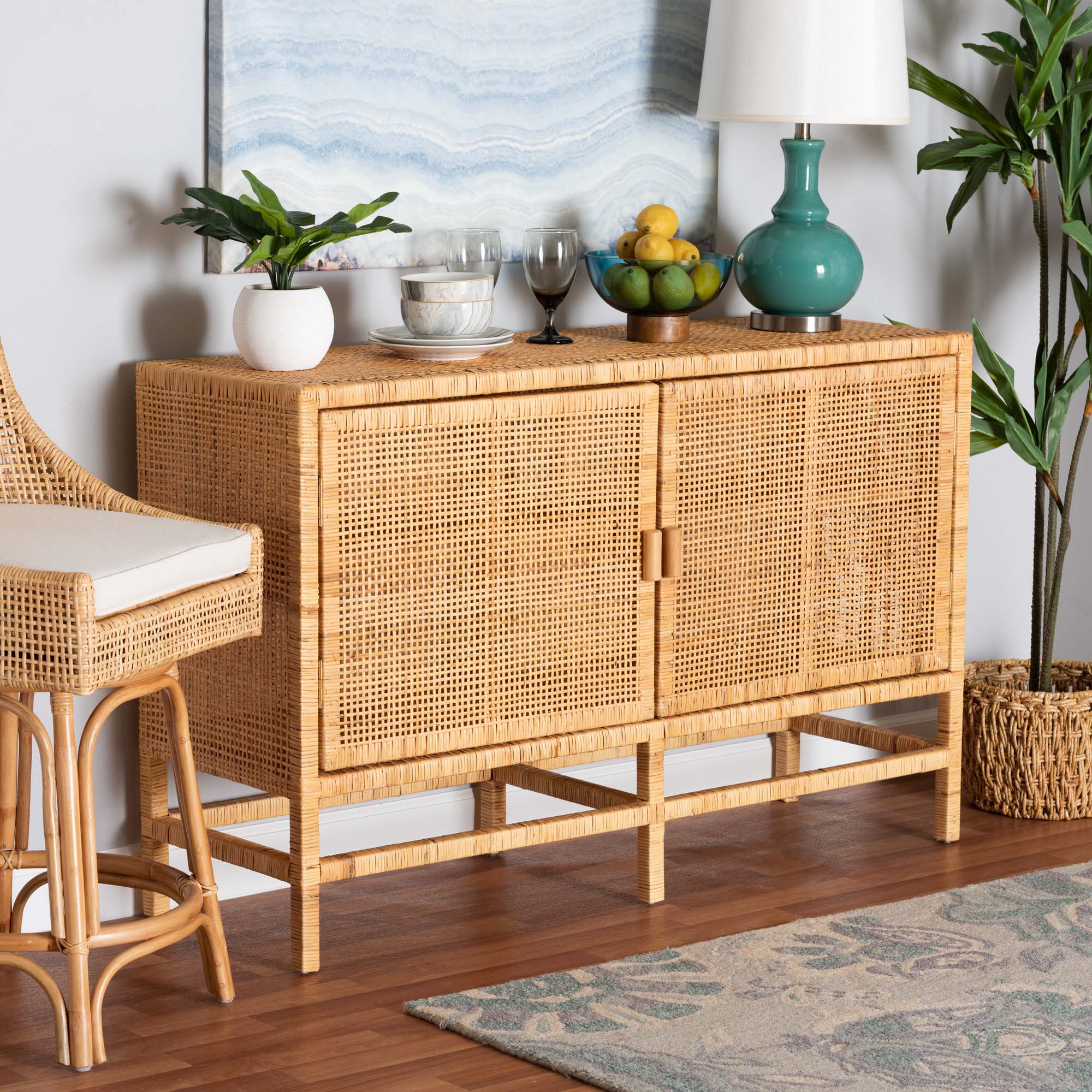 bali & pari Vivan Modern Bohemian Natural Brown Rattan and Mahogany Wood Storage Cabinet