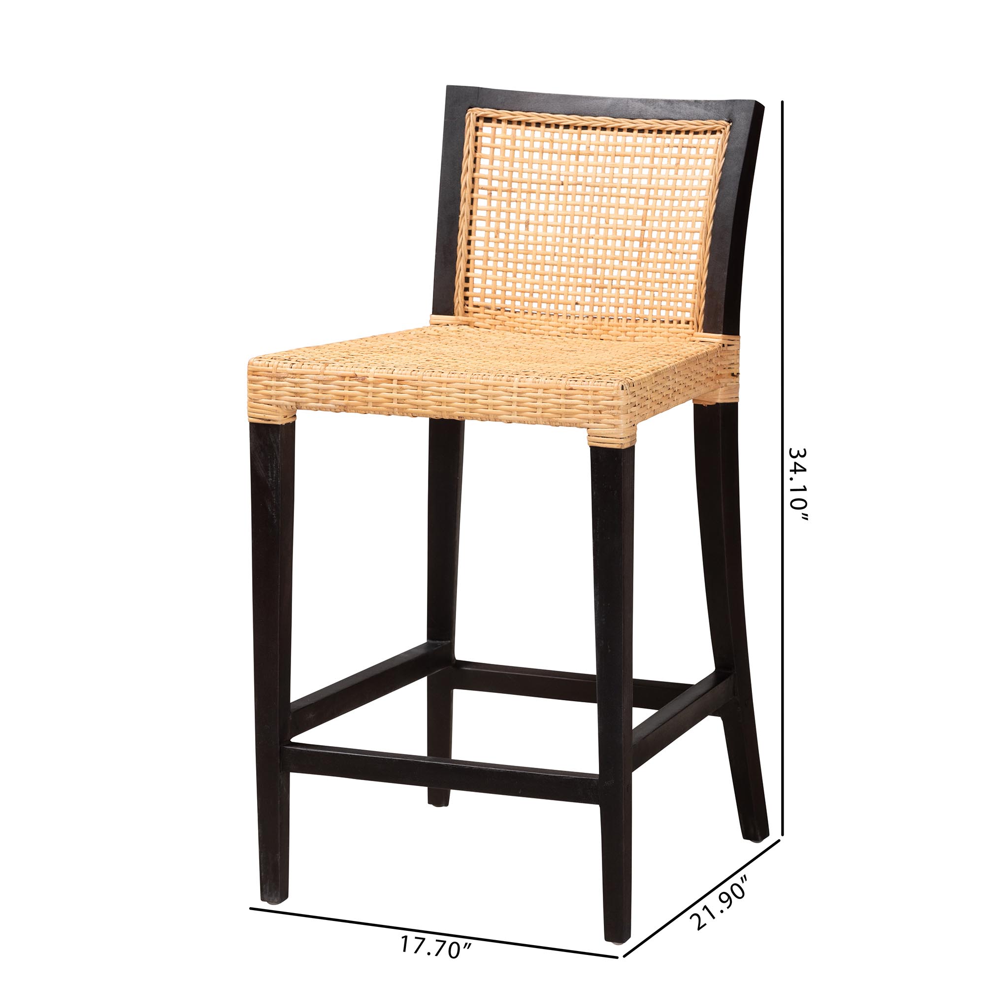 bali & pari Lingga Modern Bohemian Dark Brown Mahogany Wood and Natural Rattan Counter Stool