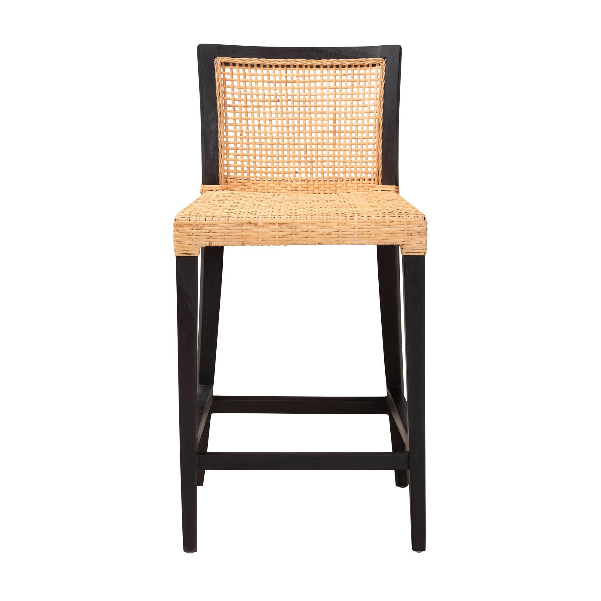 bali & pari Lingga Modern Bohemian Dark Brown Mahogany Wood and Natural Rattan Counter Stool