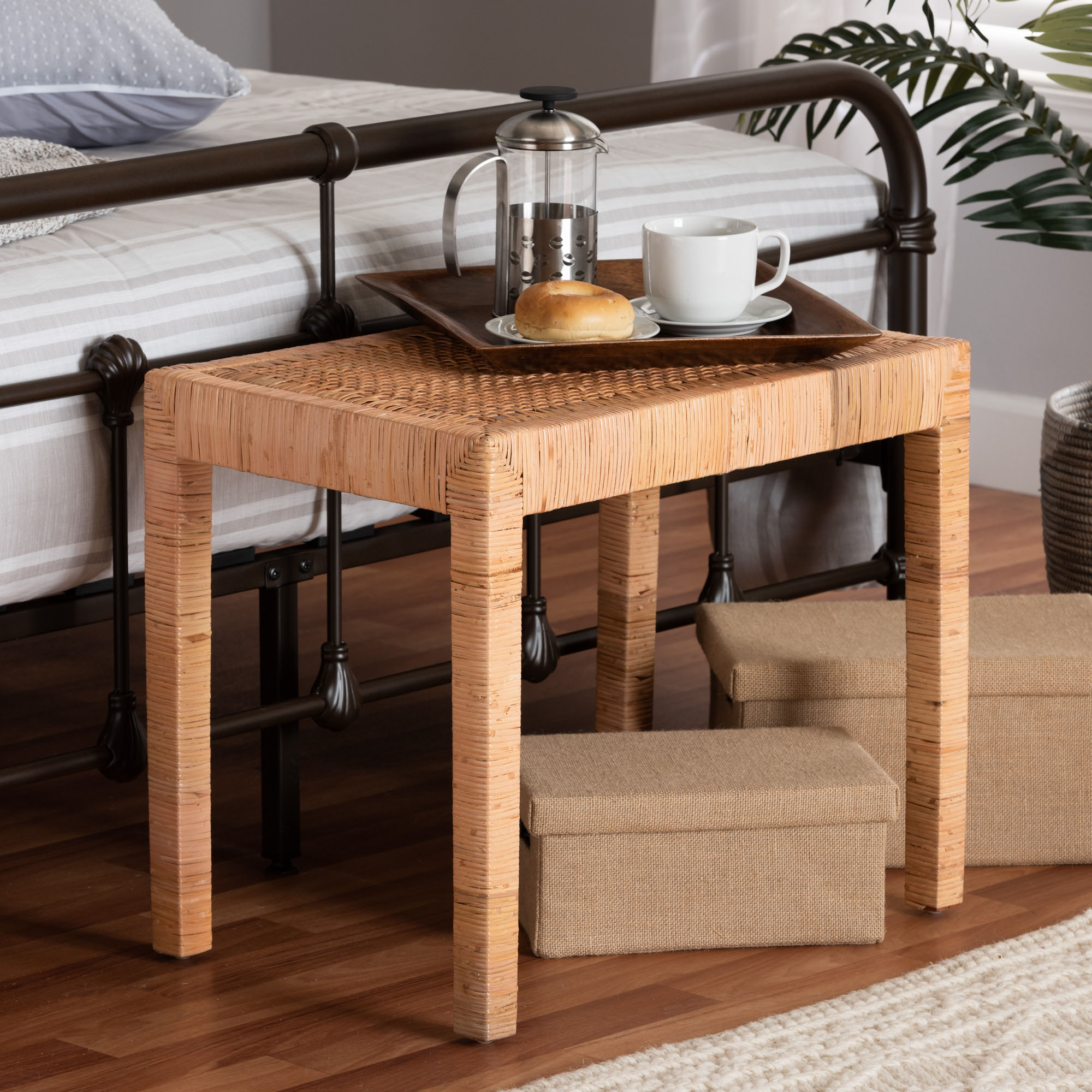 bali & pari Abelia Modern Bohemian Natural Rattan and Mahogany Wood Short Accent Bench
