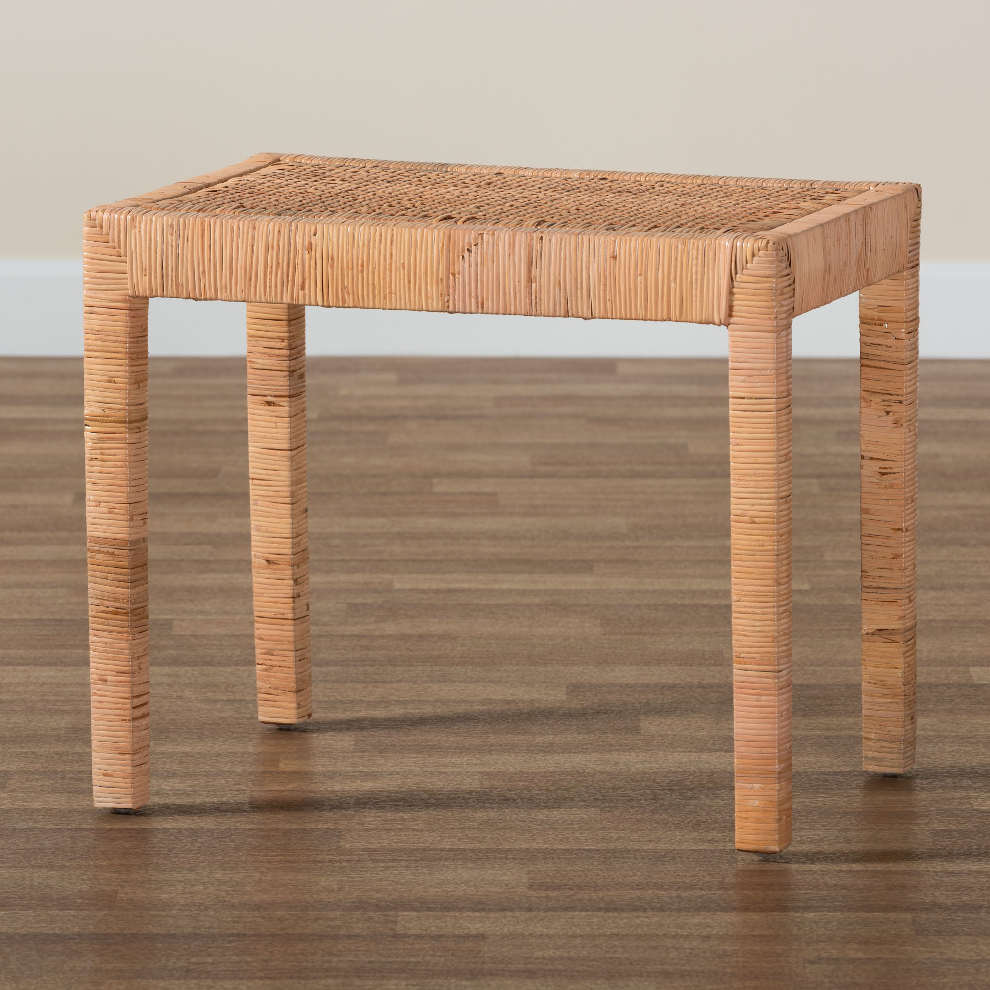 bali & pari Abelia Modern Bohemian Natural Rattan and Mahogany Wood Short Accent Bench