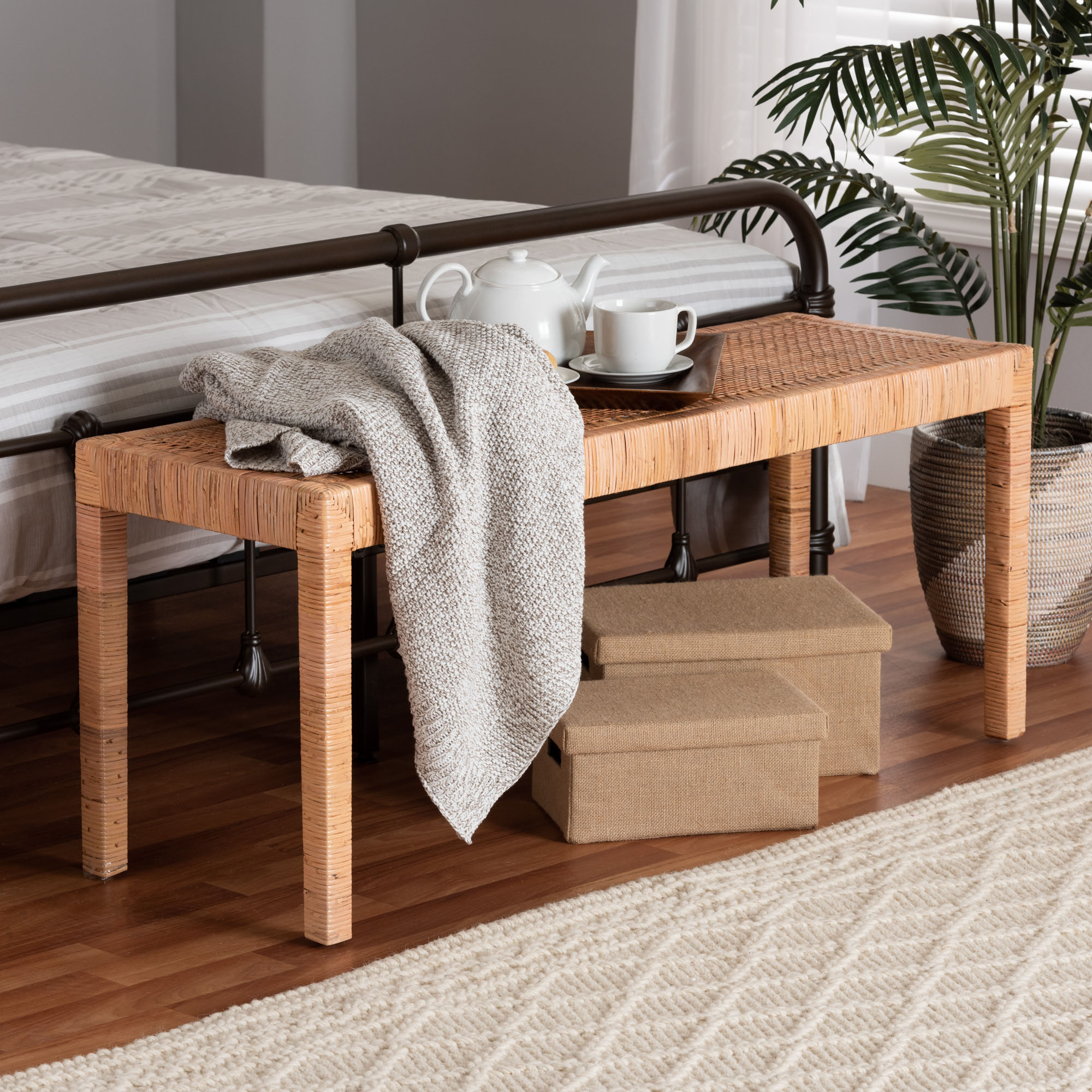bali & pari Abelia Modern Bohemian Natural Rattan and Mahogany Wood Long Accent Bench
