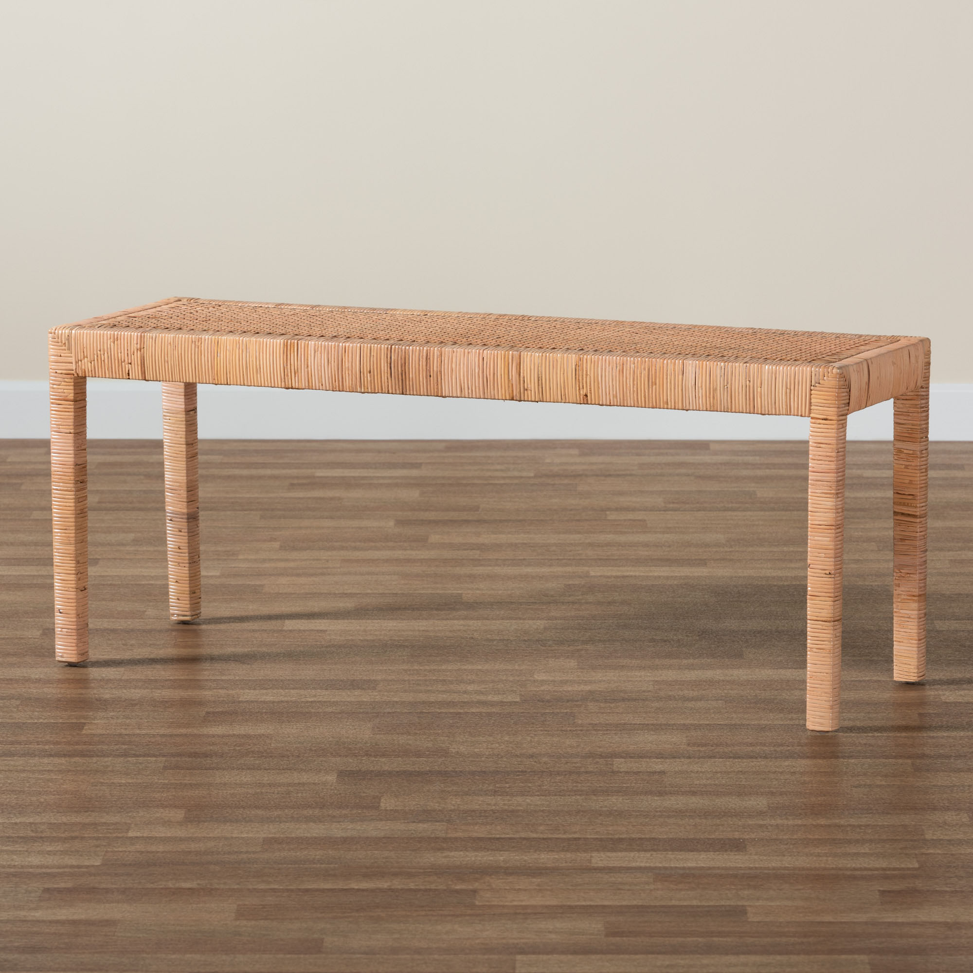 bali & pari Abelia Modern Bohemian Natural Rattan and Mahogany Wood Long Accent Bench