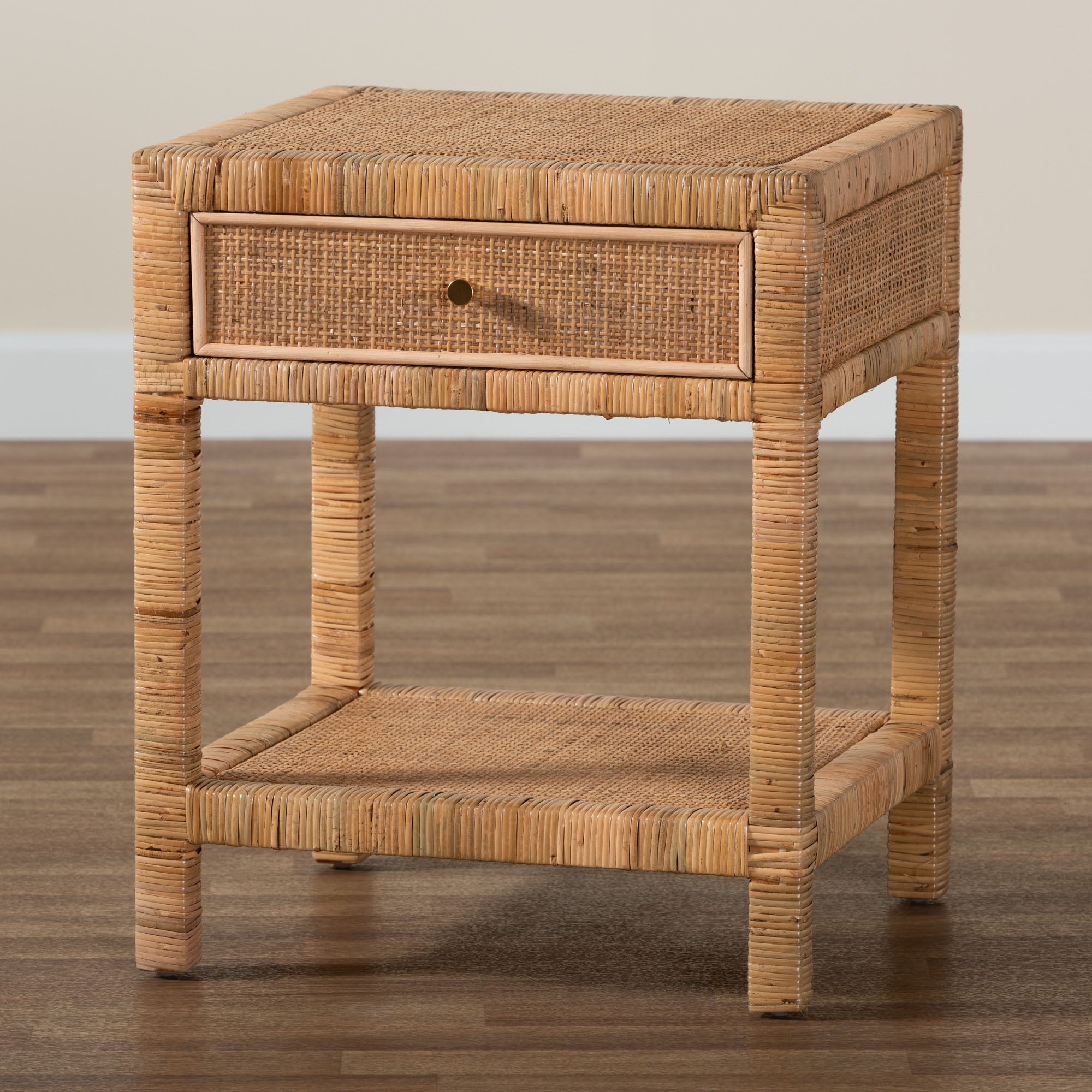 bali & pari Adelia Modern Bohemian Natural Rattan and Mahogany Wood 1-Drawer Nightstand
