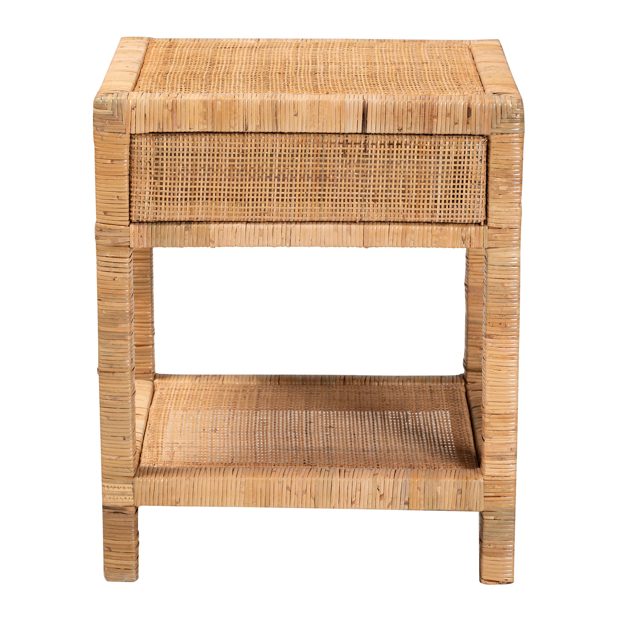 bali & pari Adelia Modern Bohemian Natural Rattan and Mahogany Wood 1-Drawer Nightstand