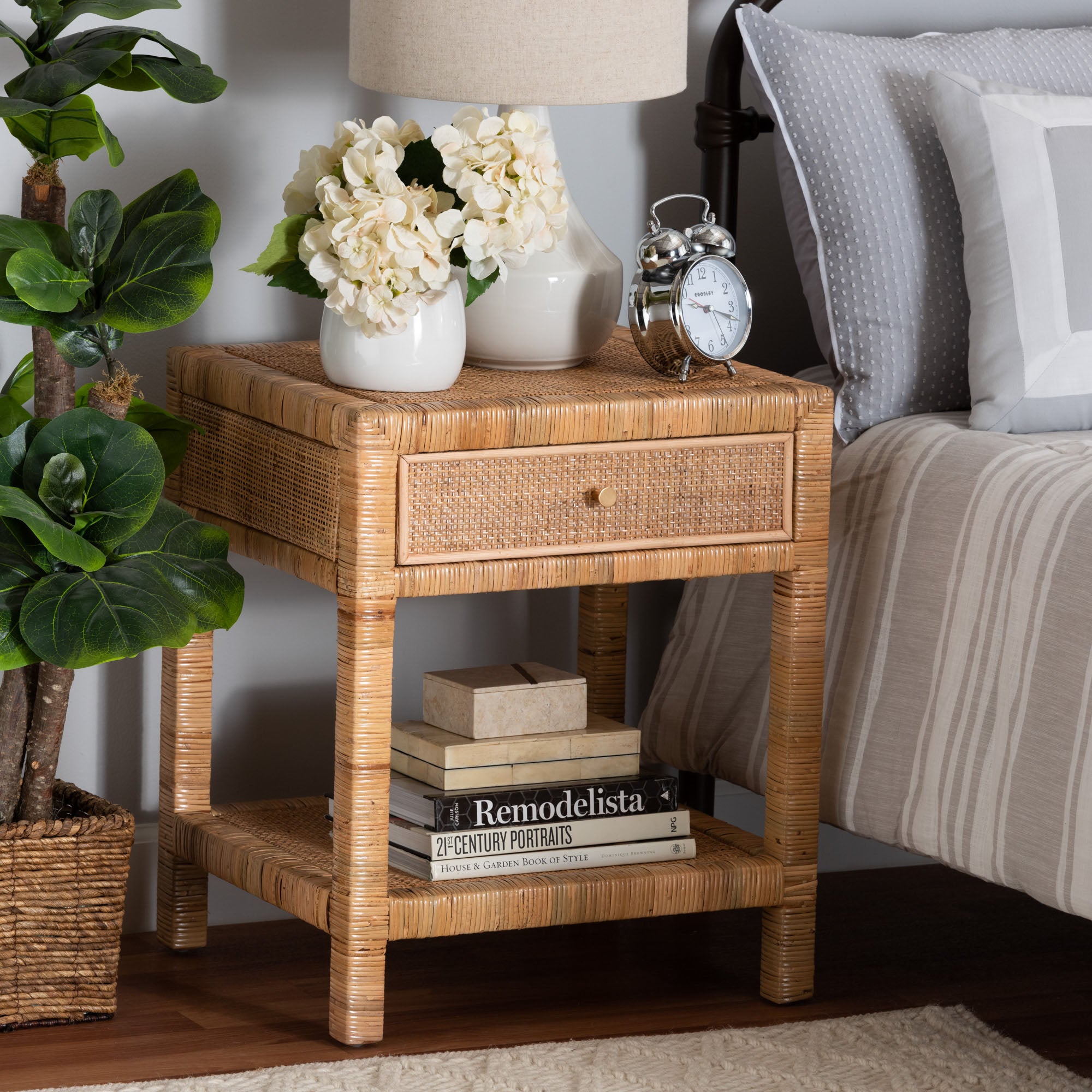 bali & pari Adelia Modern Bohemian Natural Rattan and Mahogany Wood 1-Drawer Nightstand