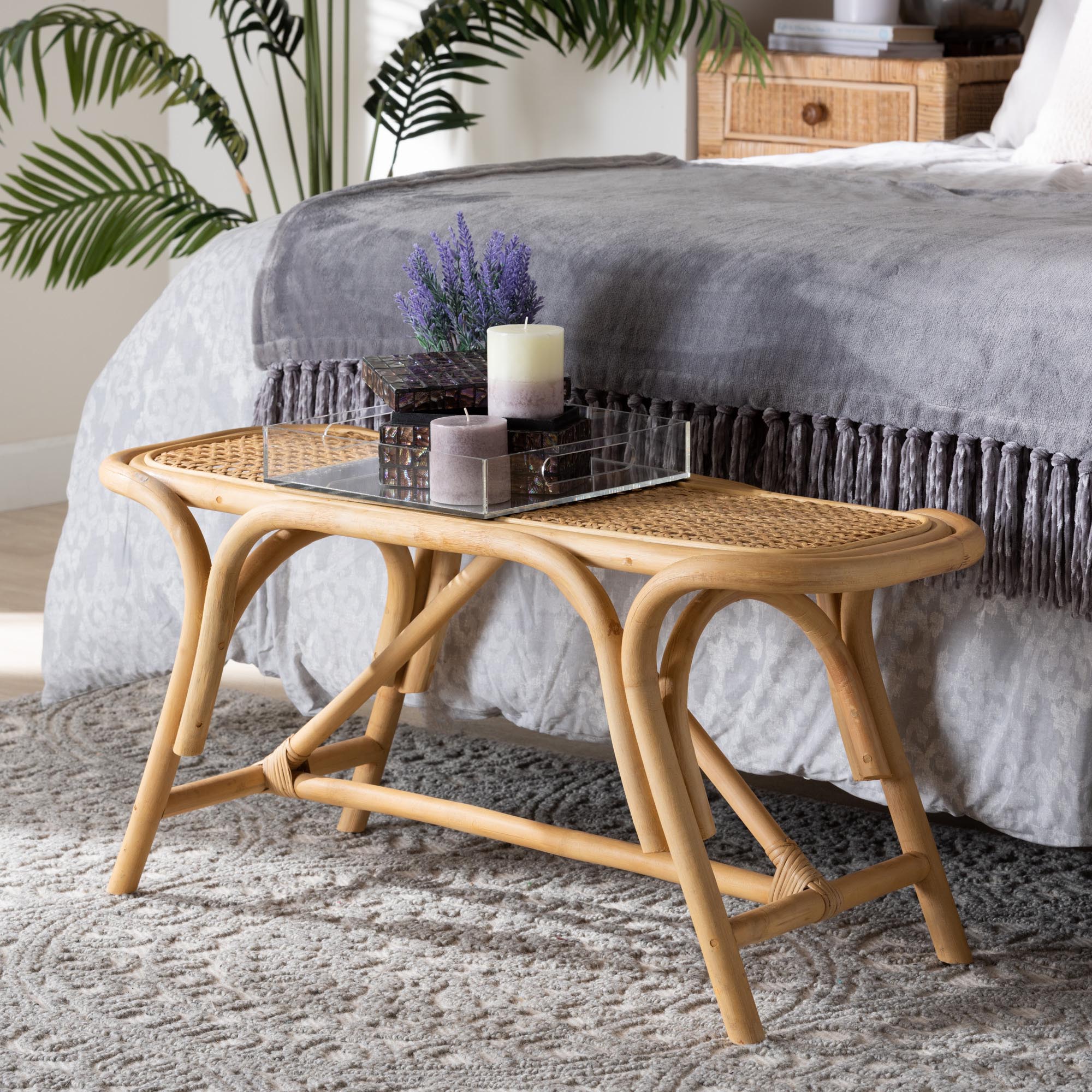 bali & pari Septa Modern Bohemian Natural Brown Rattan Accent Bench