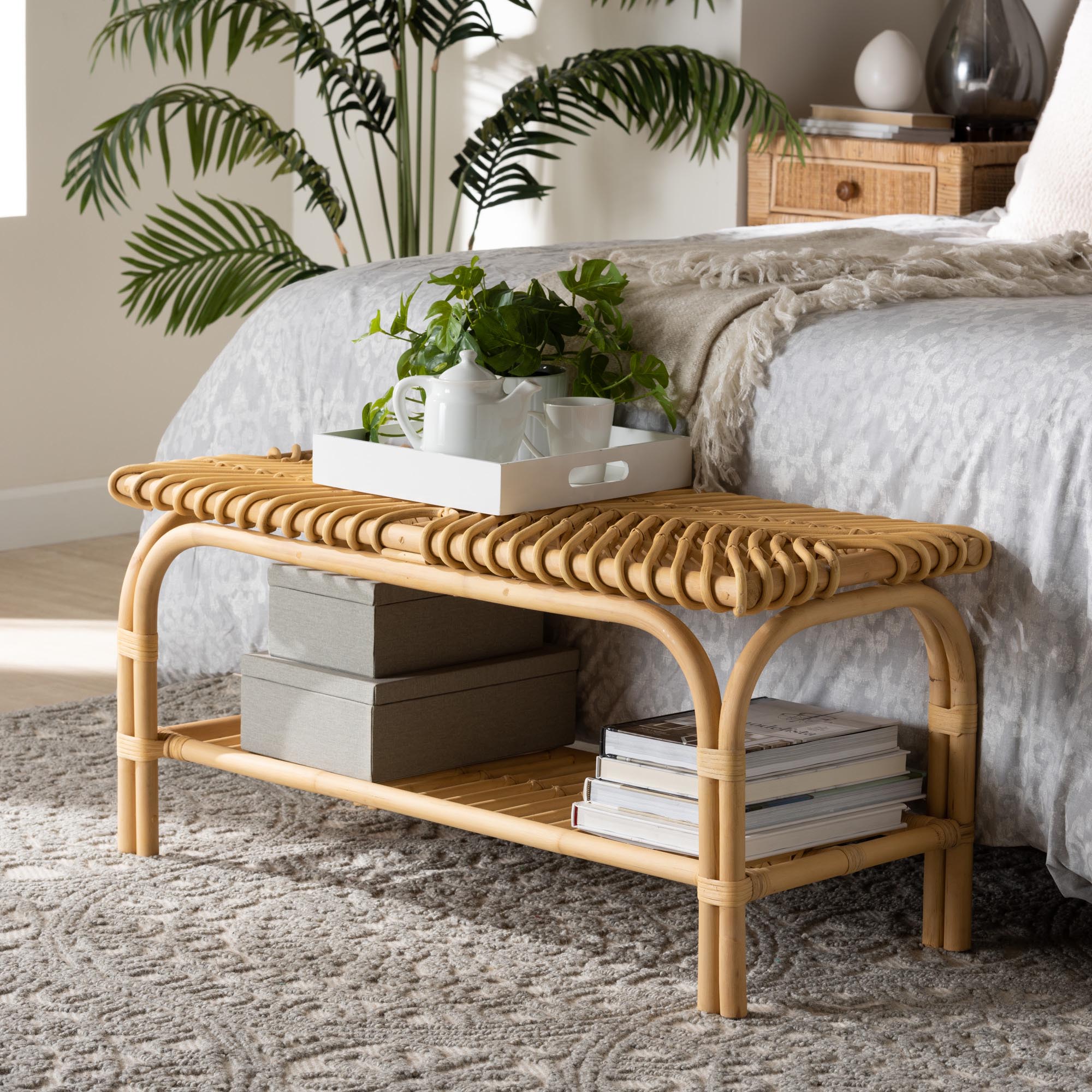 bali & pari Himari Modern Bohemian Natural Brown Rattan Accent Bench
