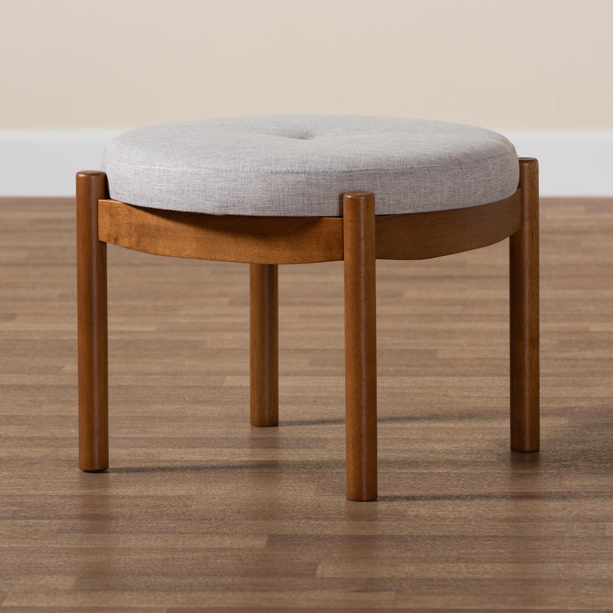 Baxton Studio Iliana Japandi Greyish Beige Fabric and Walnut Brown Finished Wood Ottoman Footstool
