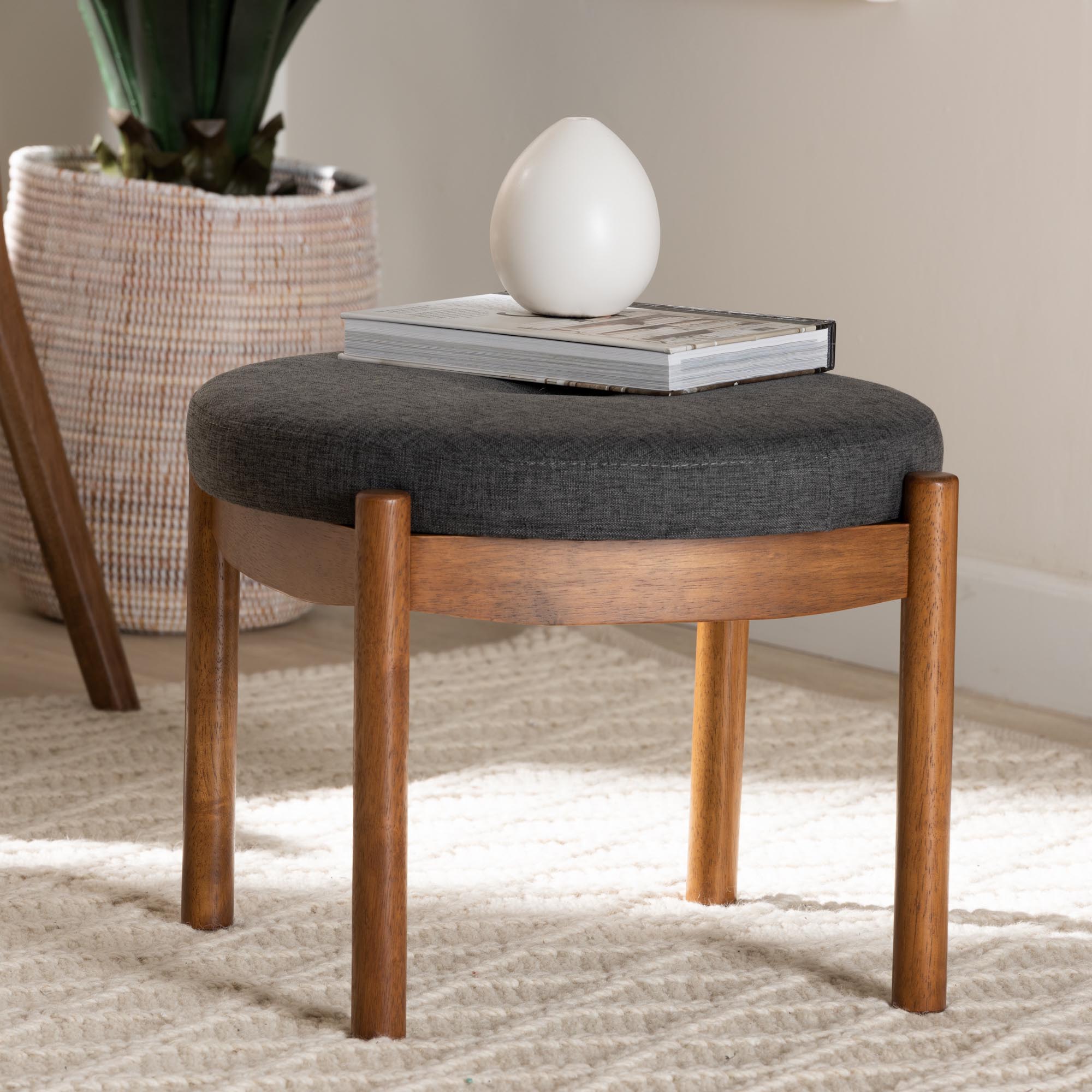 Baxton Studio Iliana Japandi Dark Grey Fabric and Walnut Brown Finished Wood Ottoman Footstool