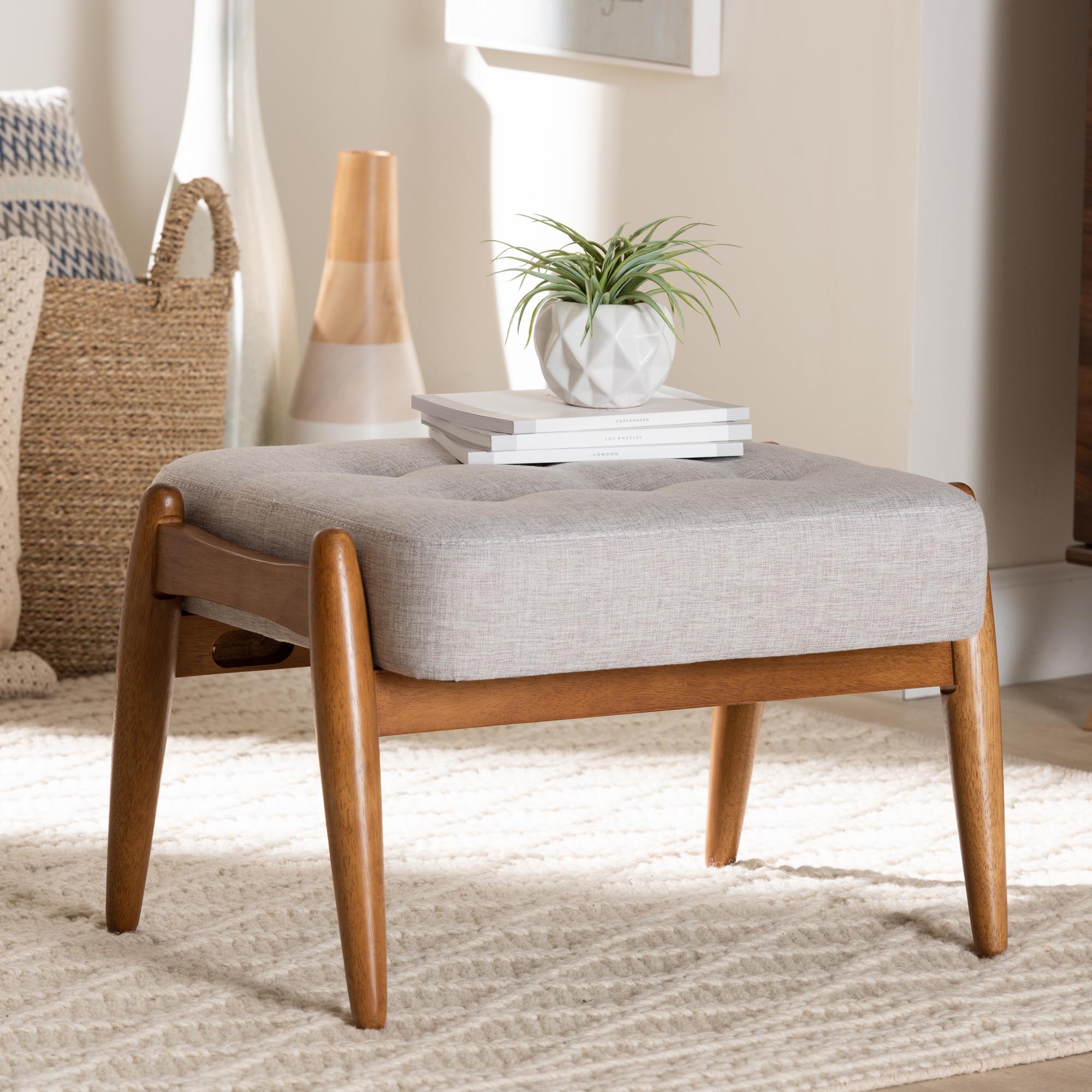 Baxton Studio Jeanine Japandi Greyish Beige Fabric and Walnut Brown Finished Wood Ottoman Footstool