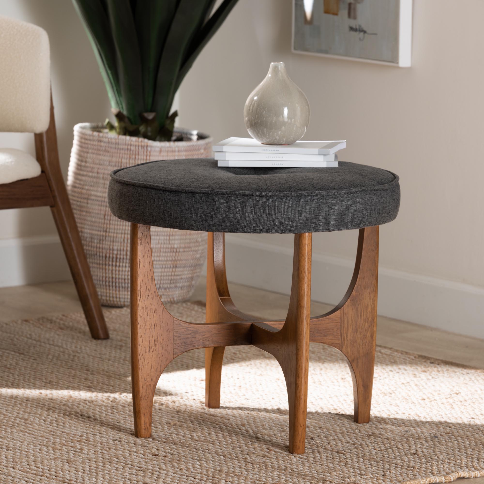 Baxton Studio Theo Japandi Dark Grey Fabric and Walnut Brown Finished Wood Ottoman Footstool