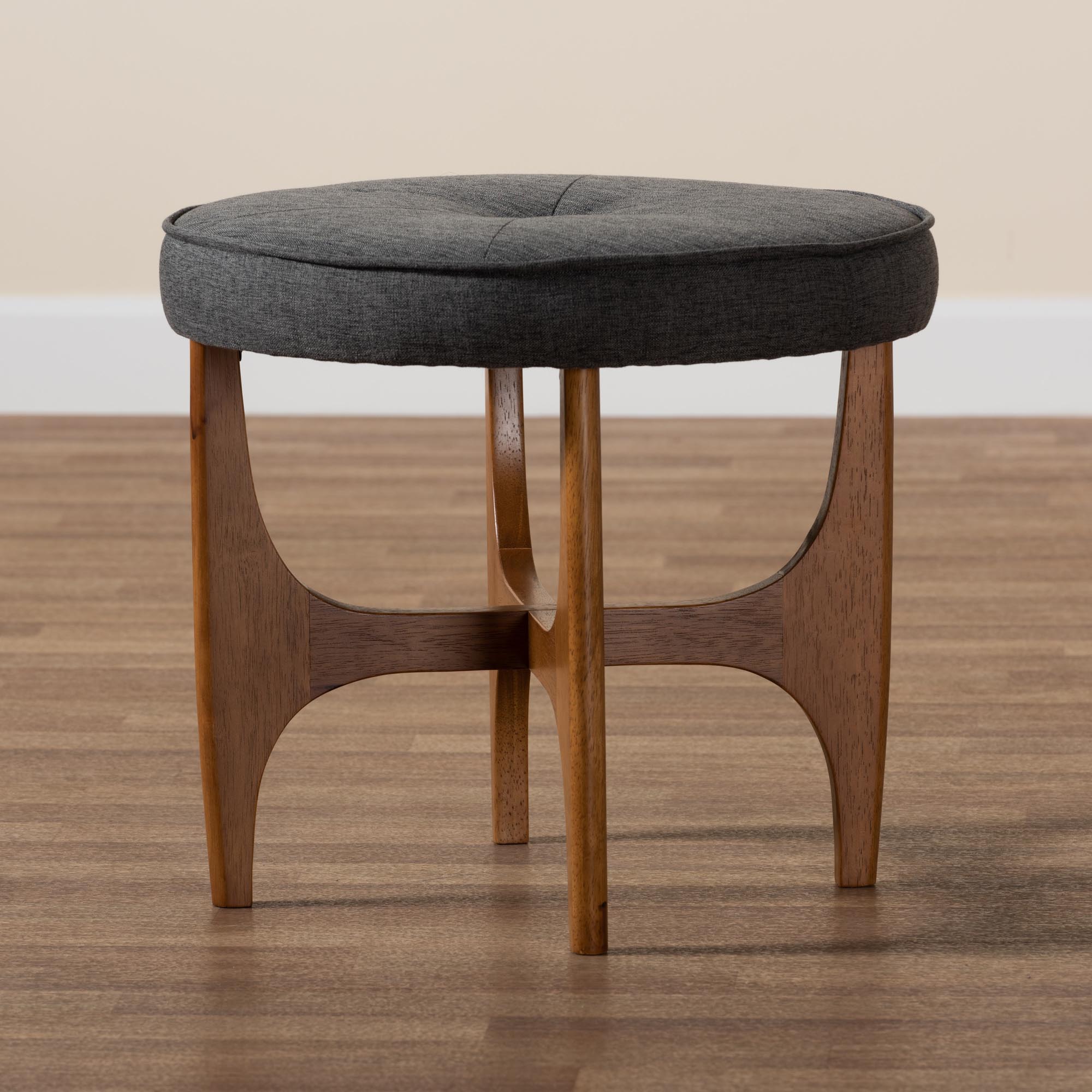 Baxton Studio Theo Japandi Dark Grey Fabric and Walnut Brown Finished Wood Ottoman Footstool