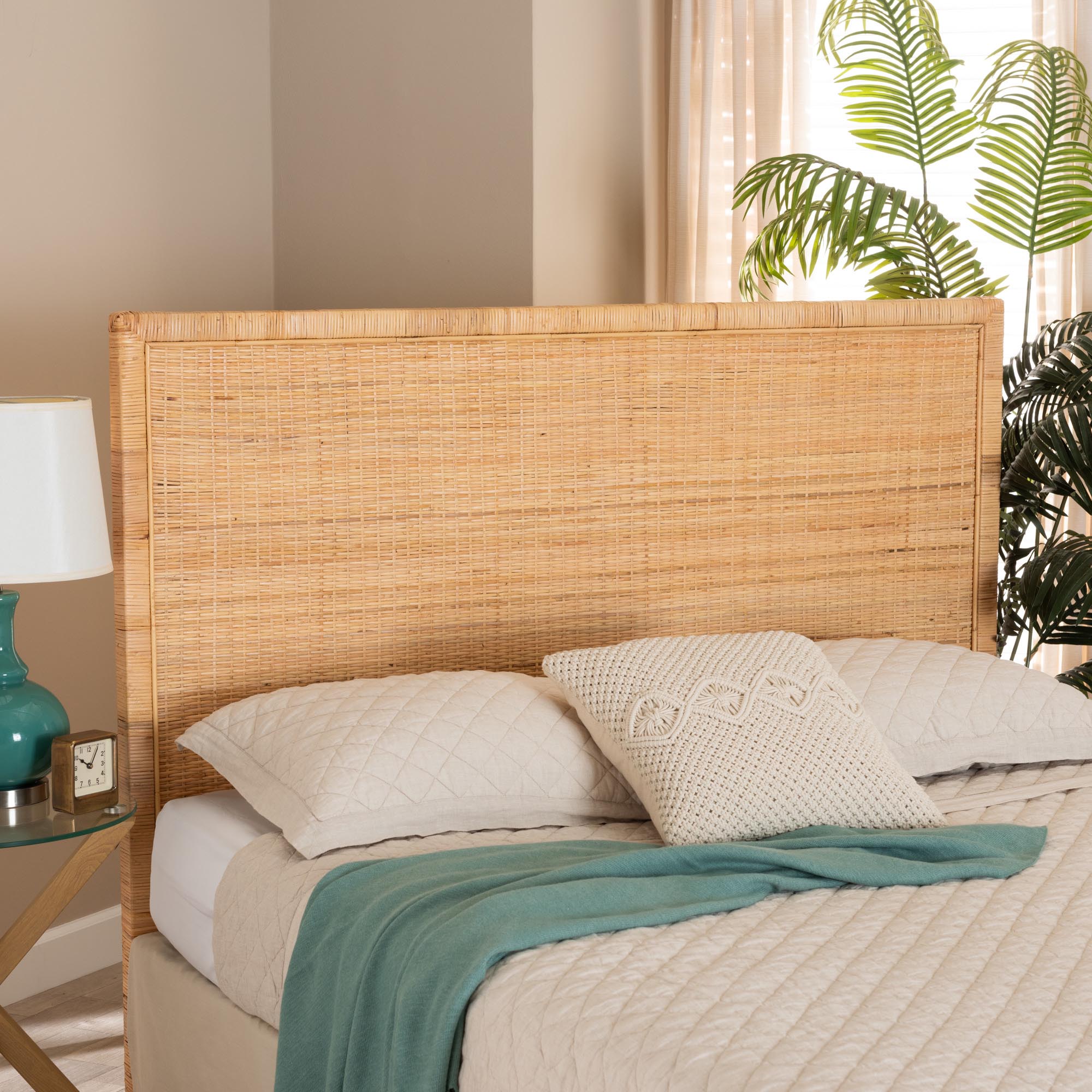 bali & pari Adelyn Modern Bohemian Natural Brown Rattan and Mahogany Wood Queen Size Headboard