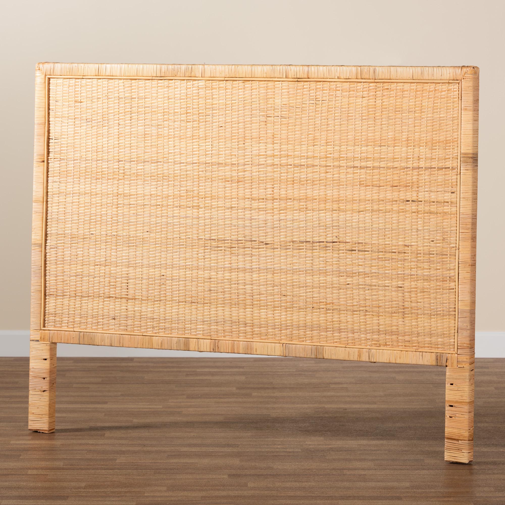 bali & pari Adelyn Modern Bohemian Natural Brown Rattan and Mahogany Wood Queen Size Headboard