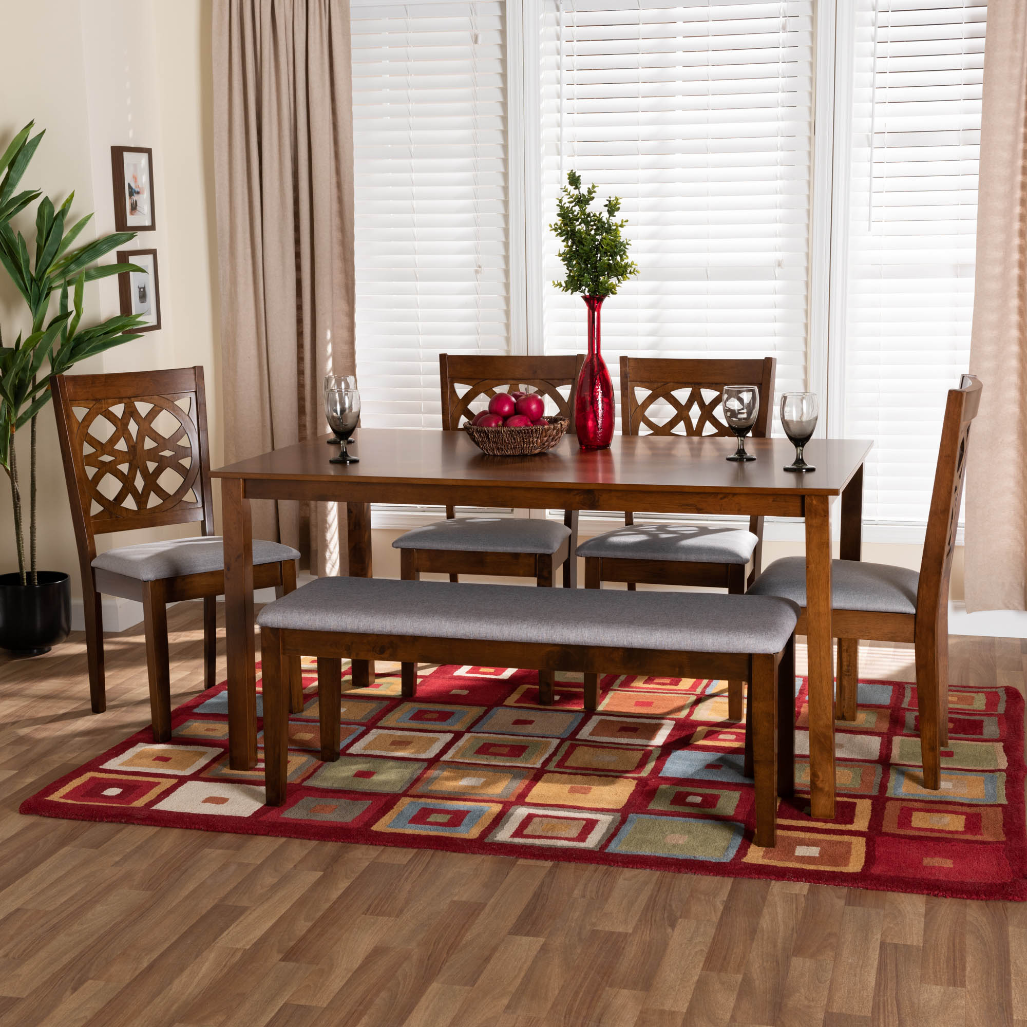 Baxton Studio Abigail Modern Grey Fabric and Walnut Brown Finished Wood 6-Piece Dining Set