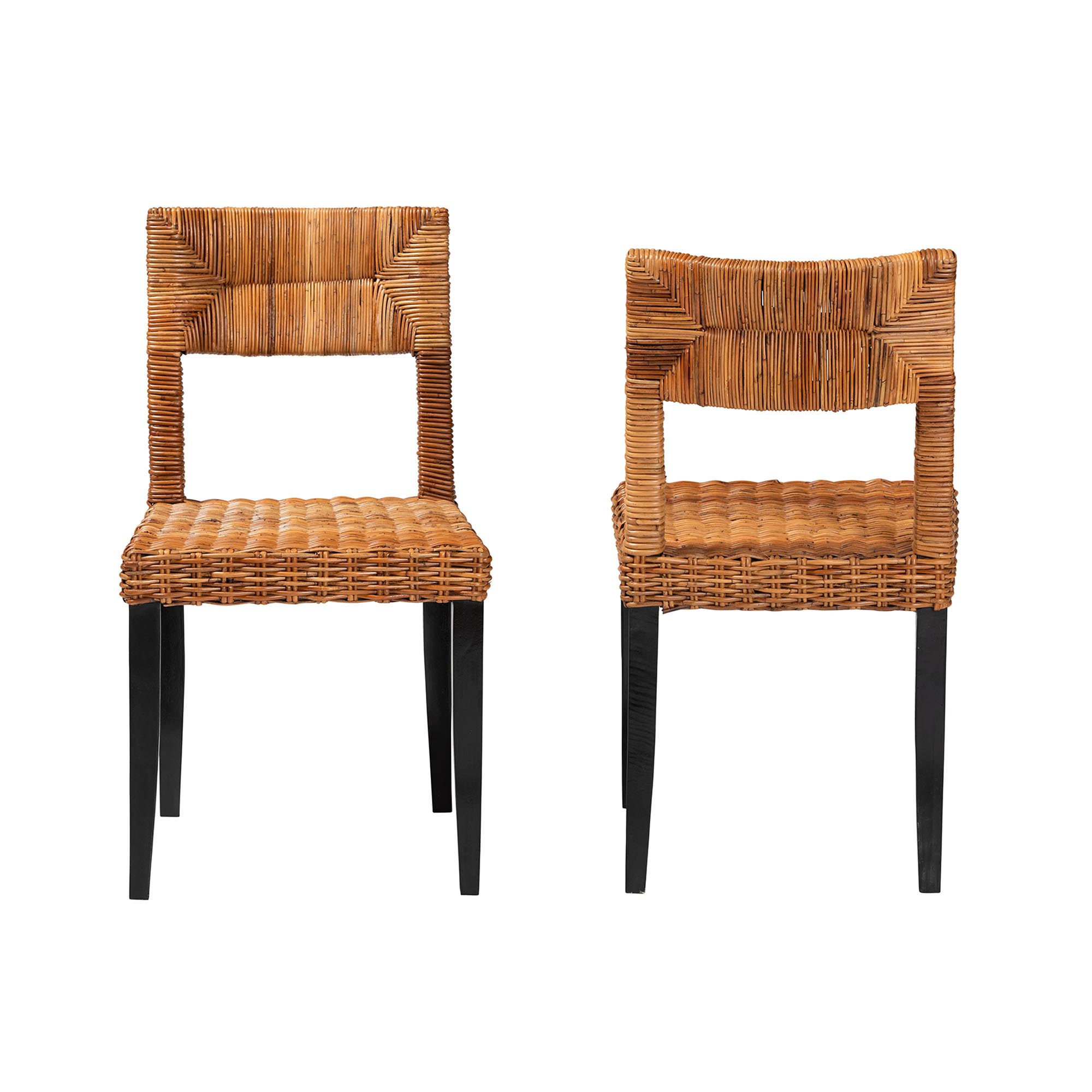 bali & pari Manrico Modern Bohemian Dark Brown Finished Wood and Natural Rattan 2-Piece Dining Chair Set