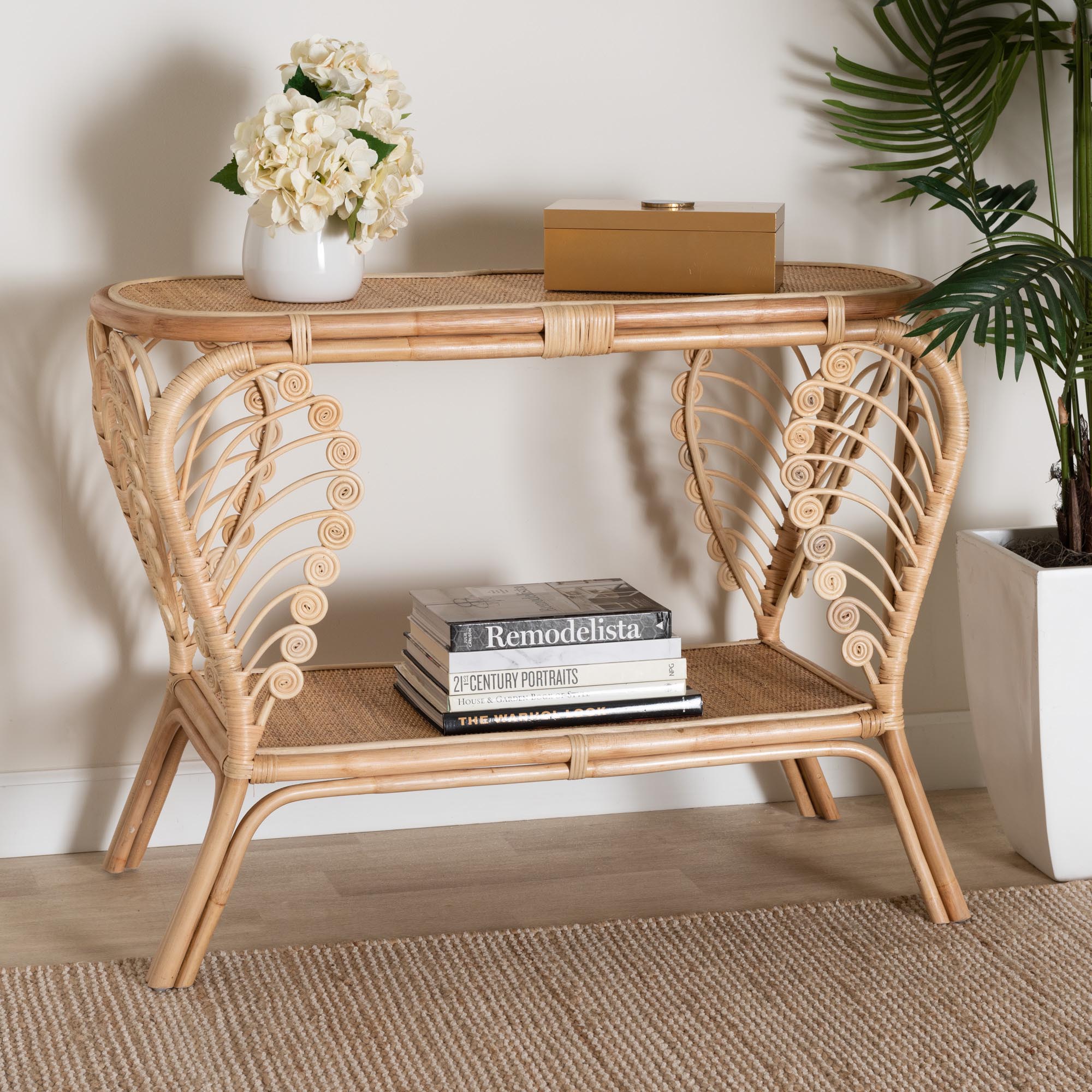 bali & pari Bastet Modern Bohemian Natural Brown Rattan 2-Tier Console Table