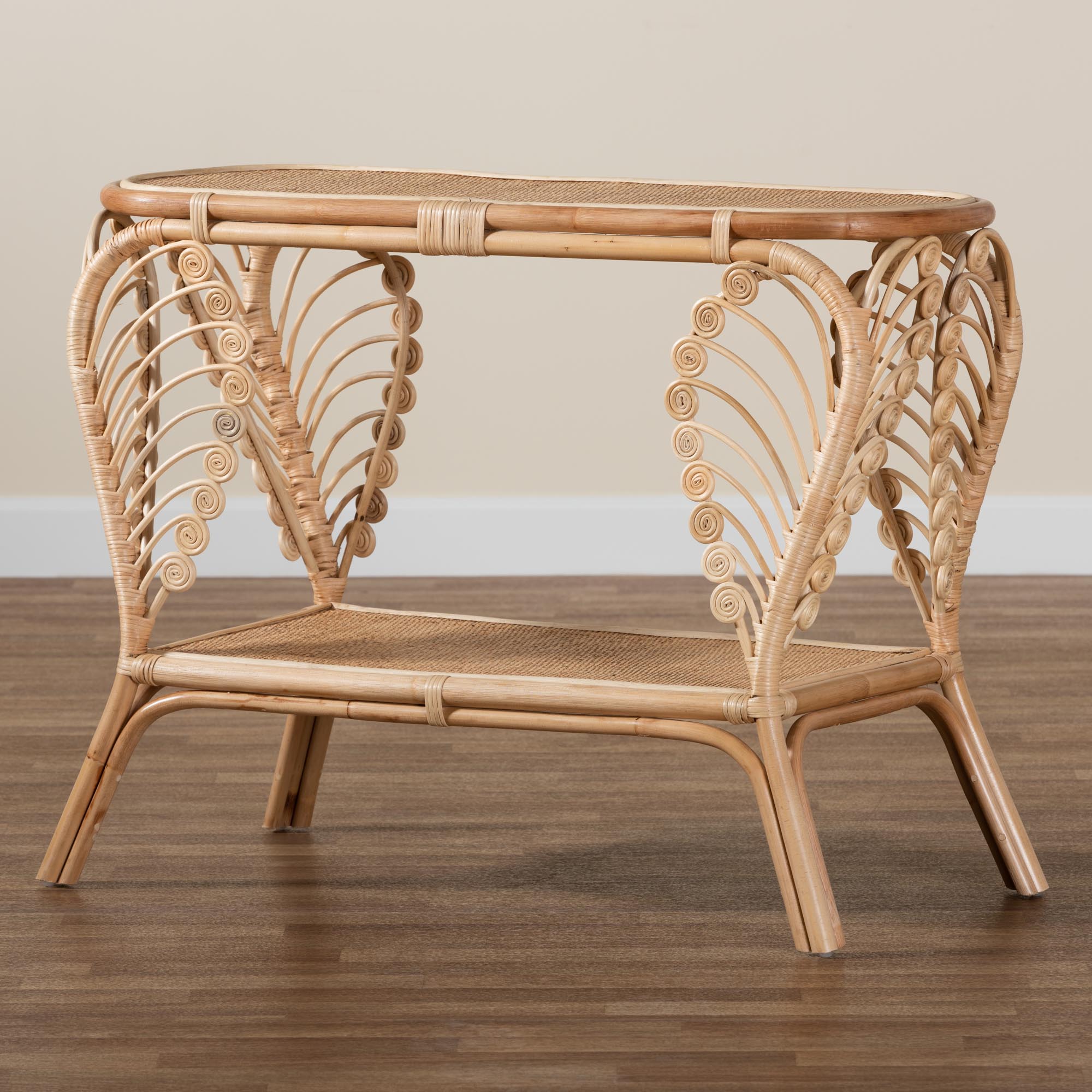bali & pari Bastet Modern Bohemian Natural Brown Rattan 2-Tier Console Table