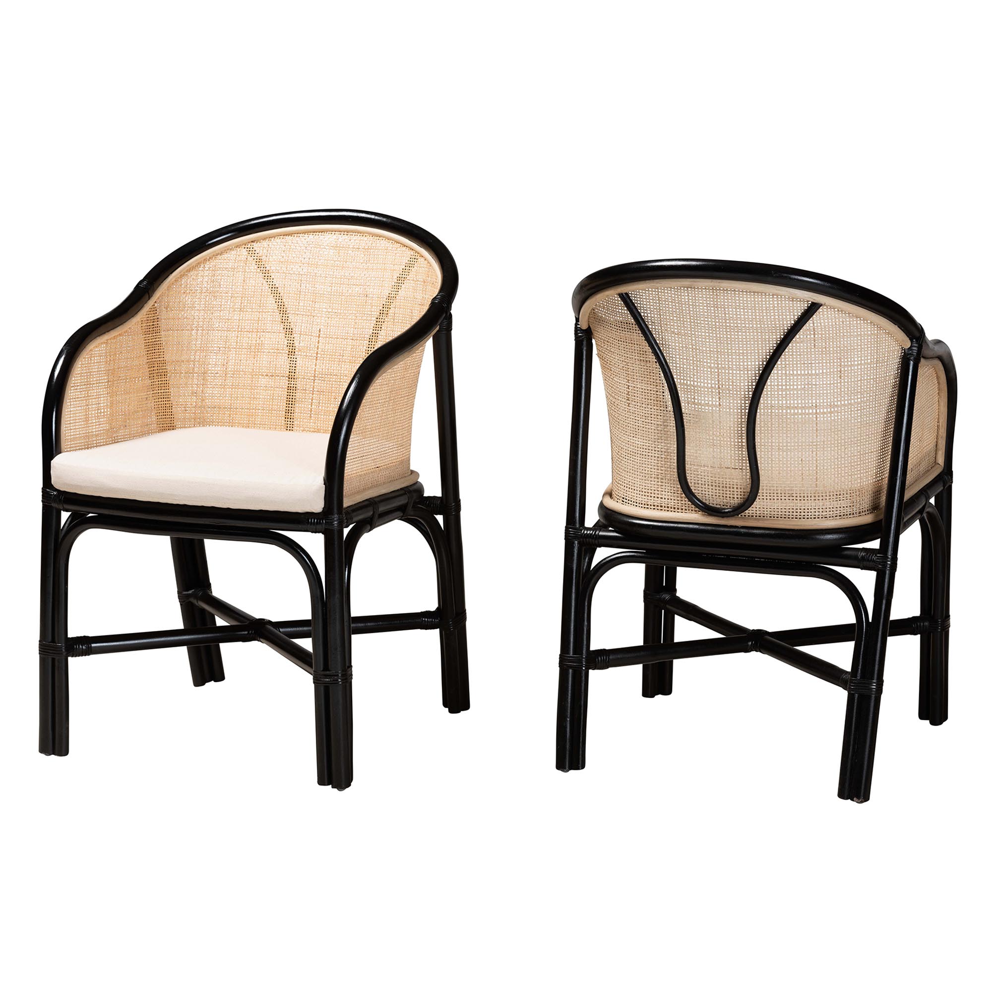 bali & pari Miranda Modern Bohemian Two-Tone Black and Natural Brown Rattan 2-Piece Dining Chair Set