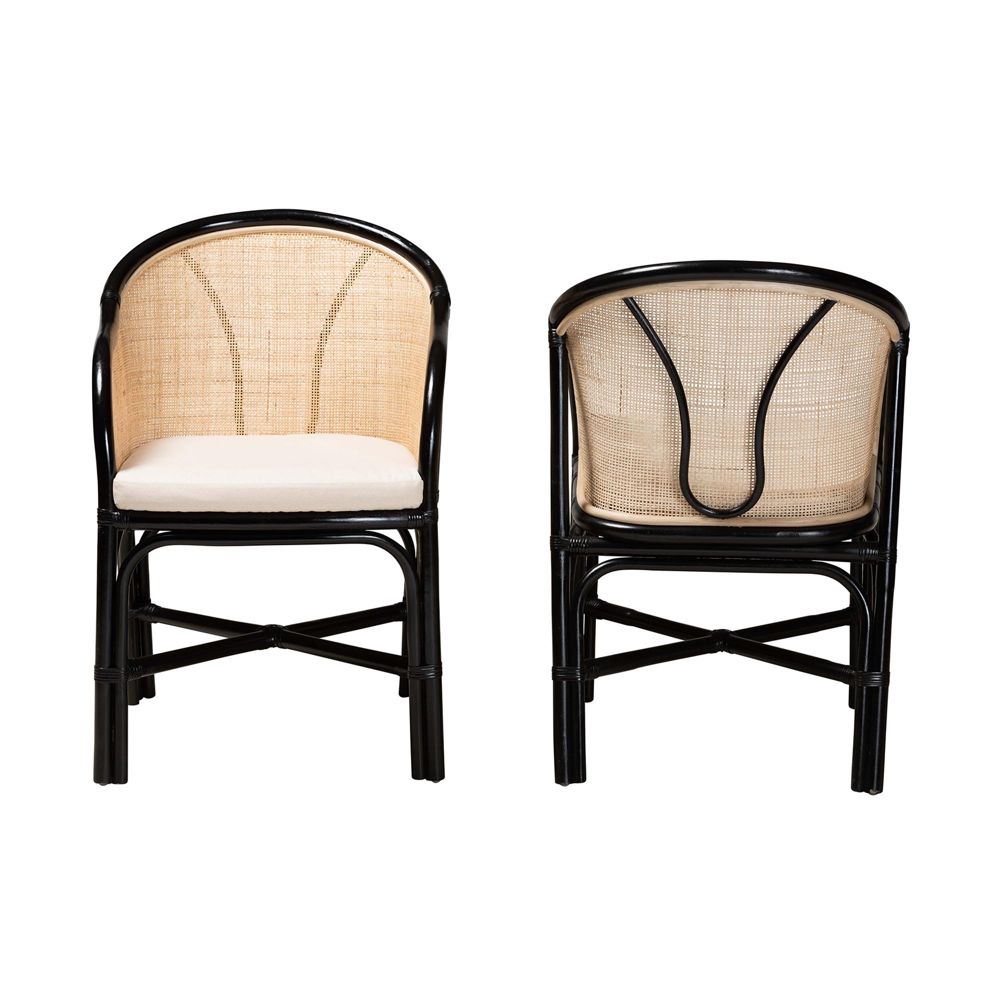 bali & pari Miranda Modern Bohemian Two-Tone Black and Natural Brown Rattan 2-Piece Dining Chair Set