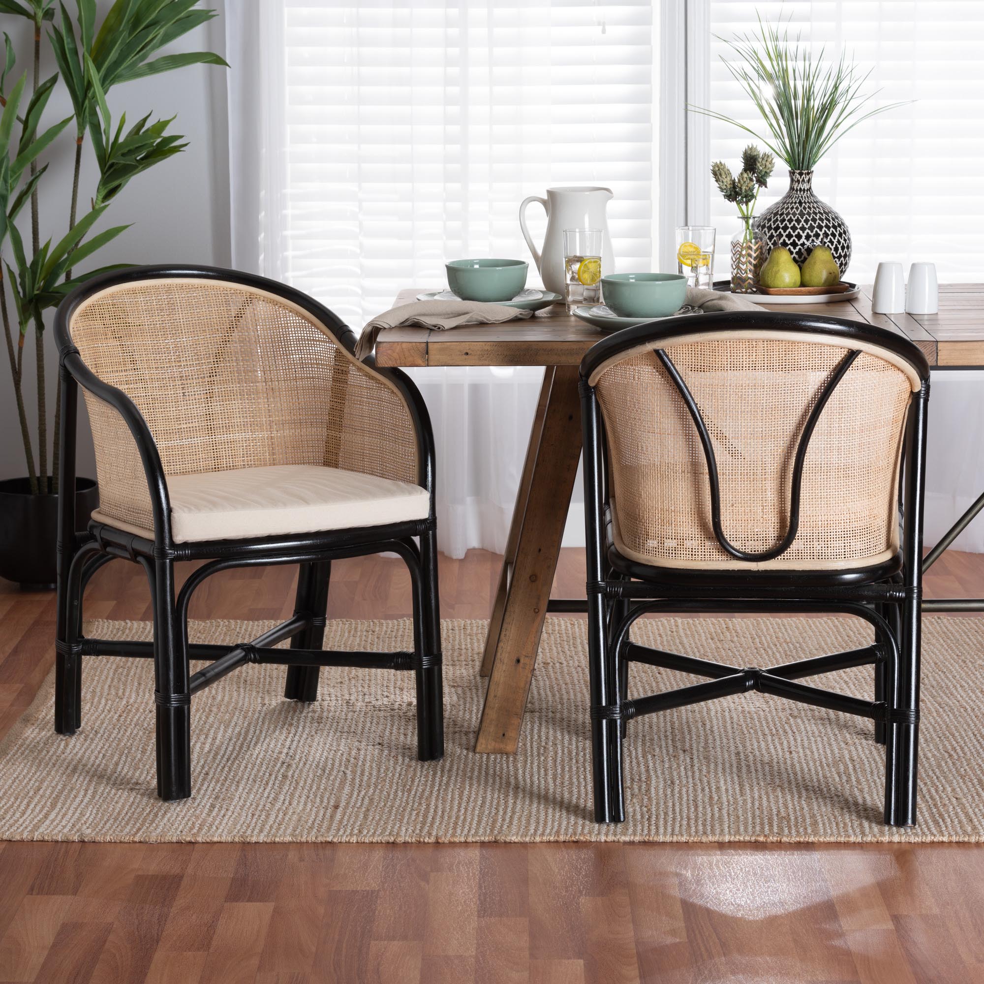 bali & pari Miranda Modern Bohemian Two-Tone Black and Natural Brown Rattan 2-Piece Dining Chair Set
