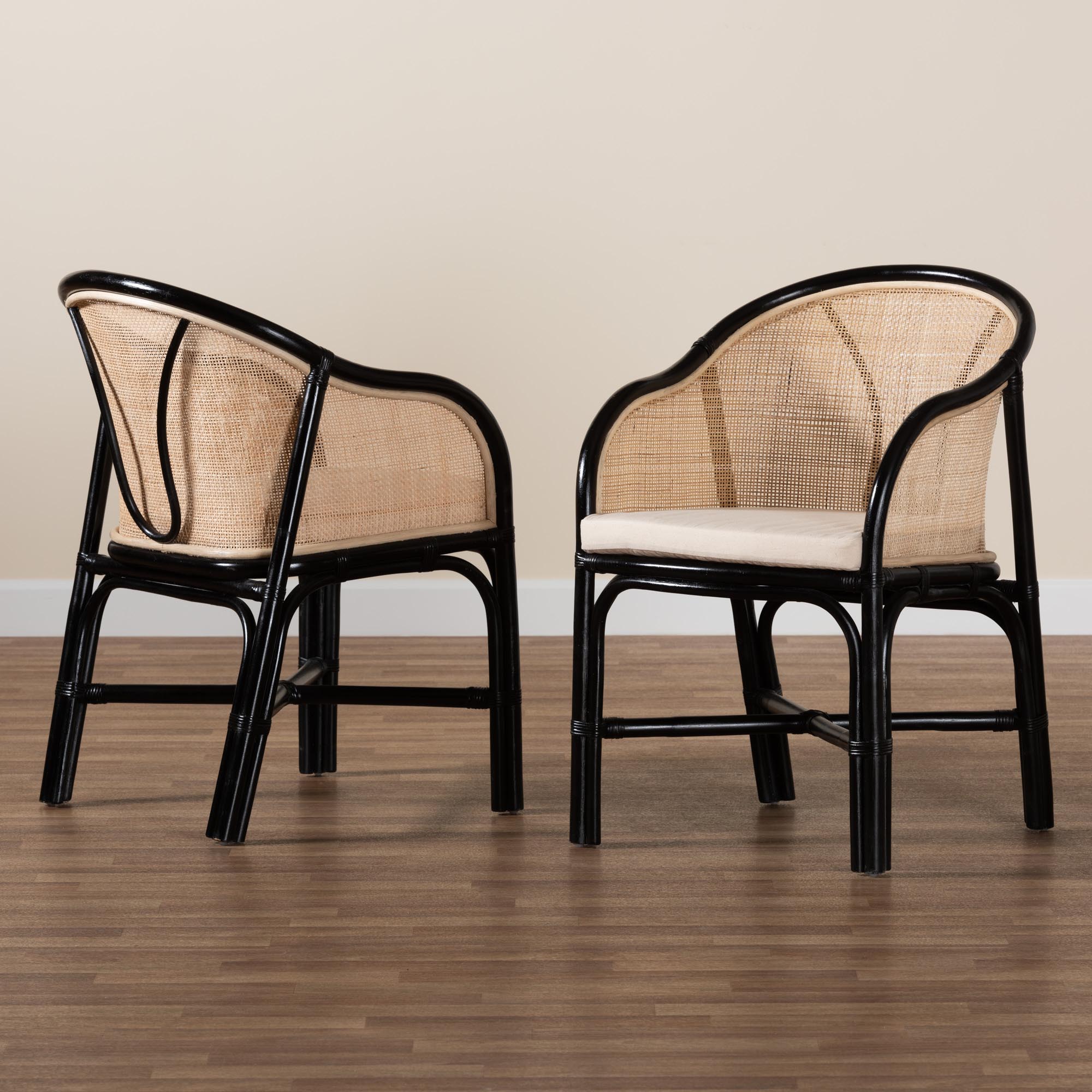 bali & pari Miranda Modern Bohemian Two-Tone Black and Natural Brown Rattan 2-Piece Dining Chair Set
