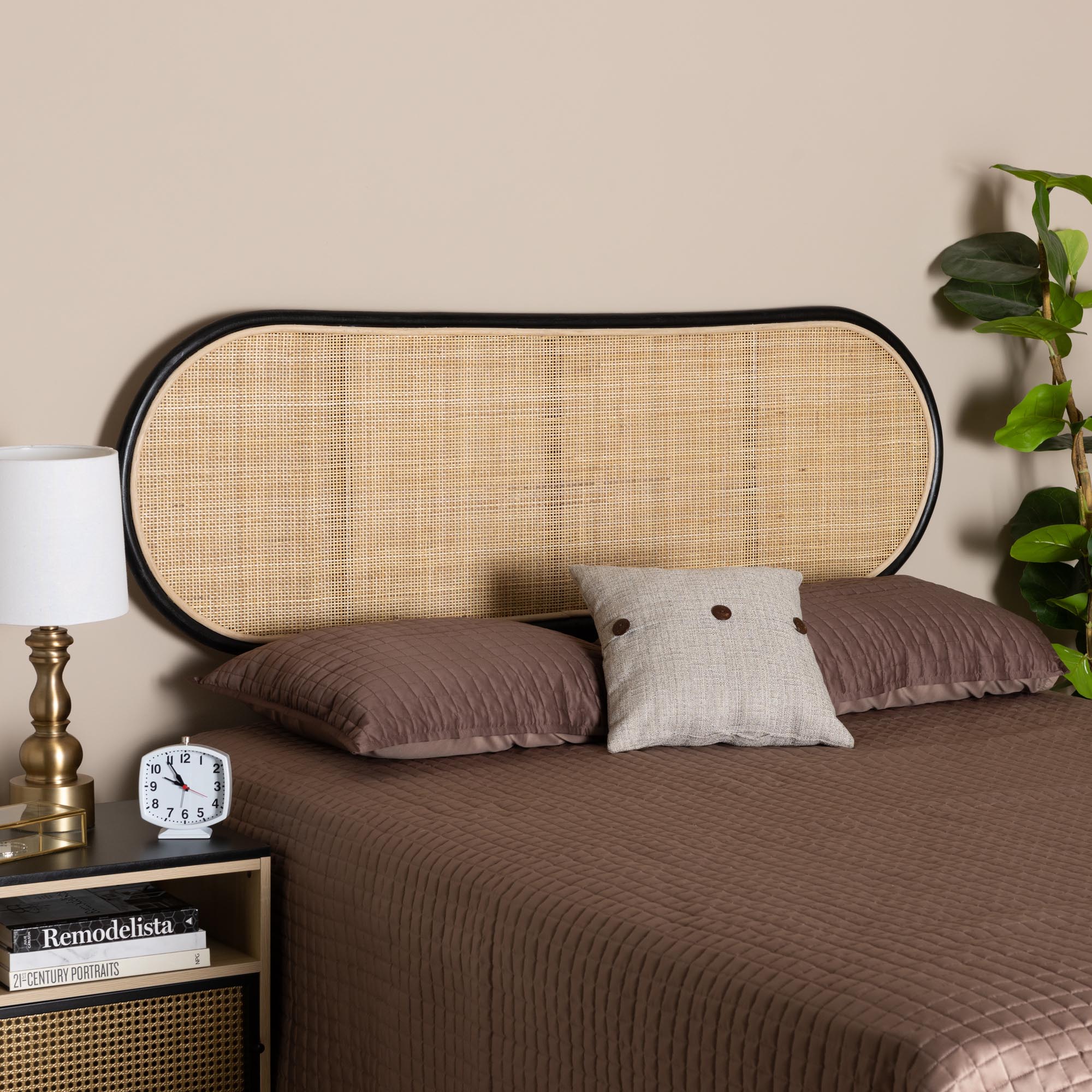 bali & pari Reegan Modern Bohemian Two-Tone Black and Natural Brown Rattan Queen Size Standalone Headboard