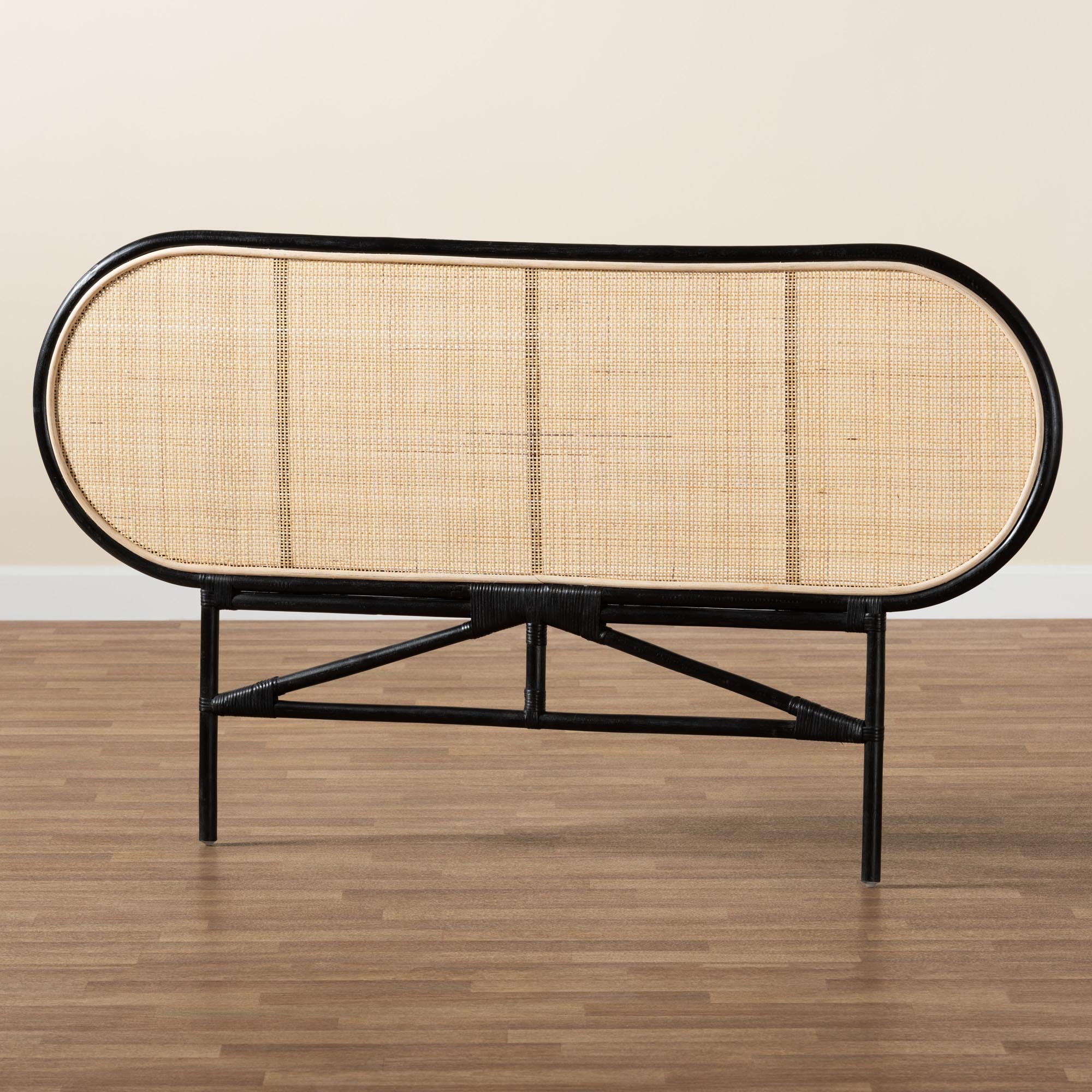 bali & pari Reegan Modern Bohemian Two-Tone Black and Natural Brown Rattan Queen Size Standalone Headboard