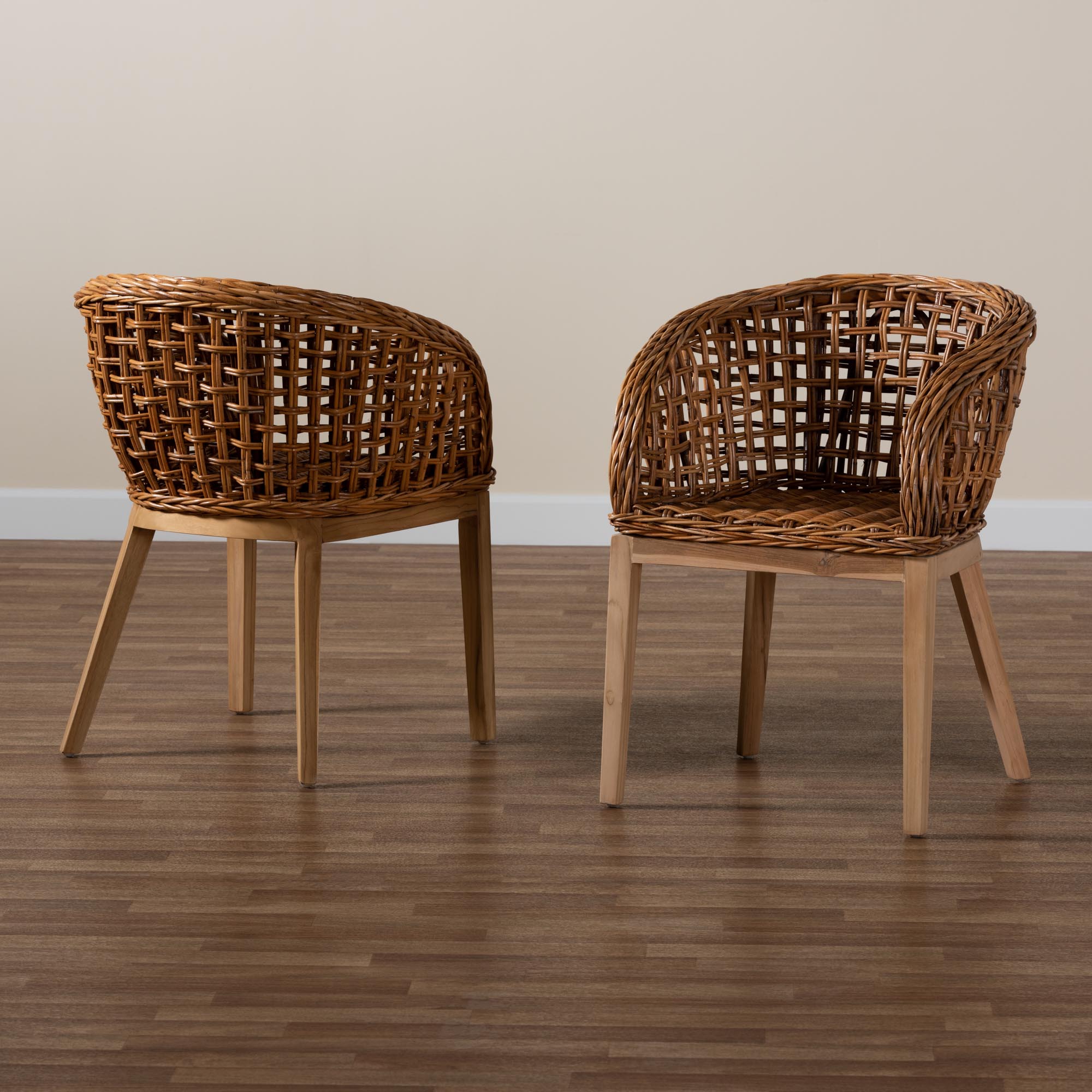 bali & pari Mario Modern Bohemian Natural Brown Finished Teak Wood and Rattan 2-Piece Dining Chair Set