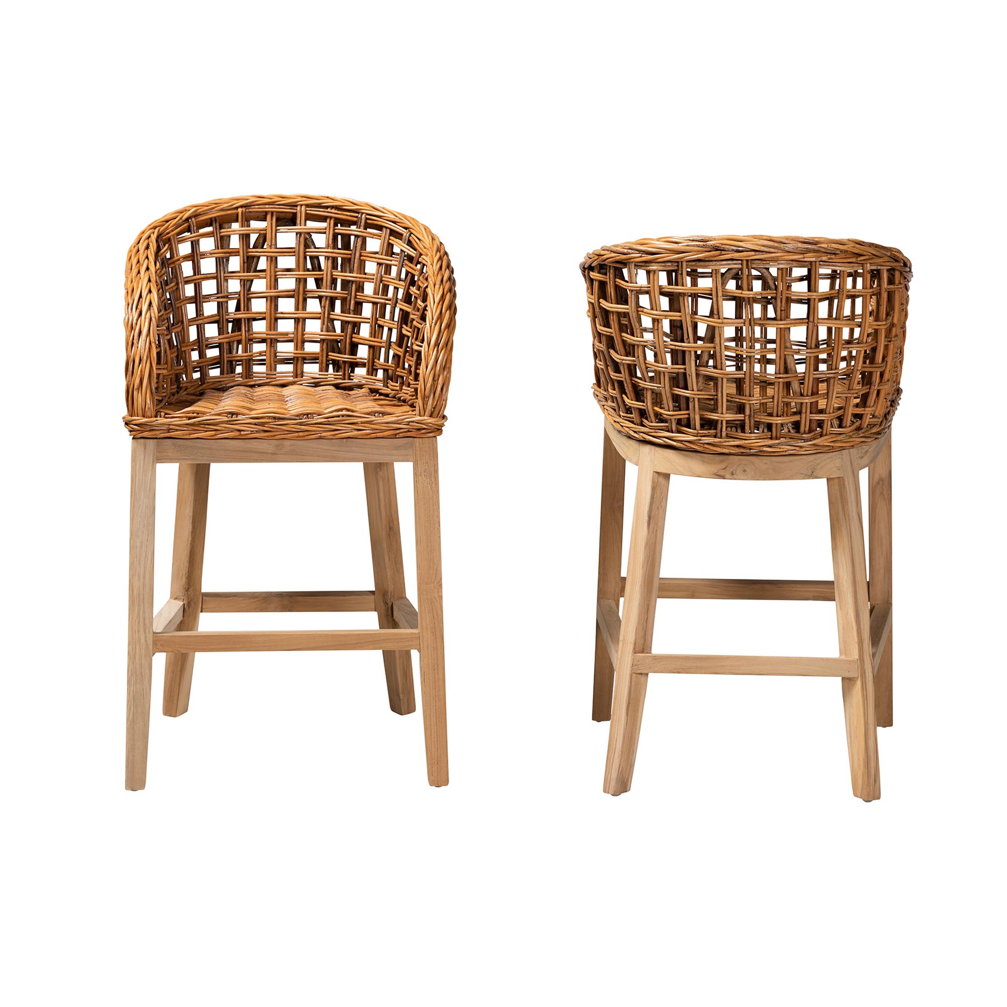 bali & pari Mario Modern Bohemian Natural Brown Finished Teak Wood and Rattan 2-Piece Counter Stool Set