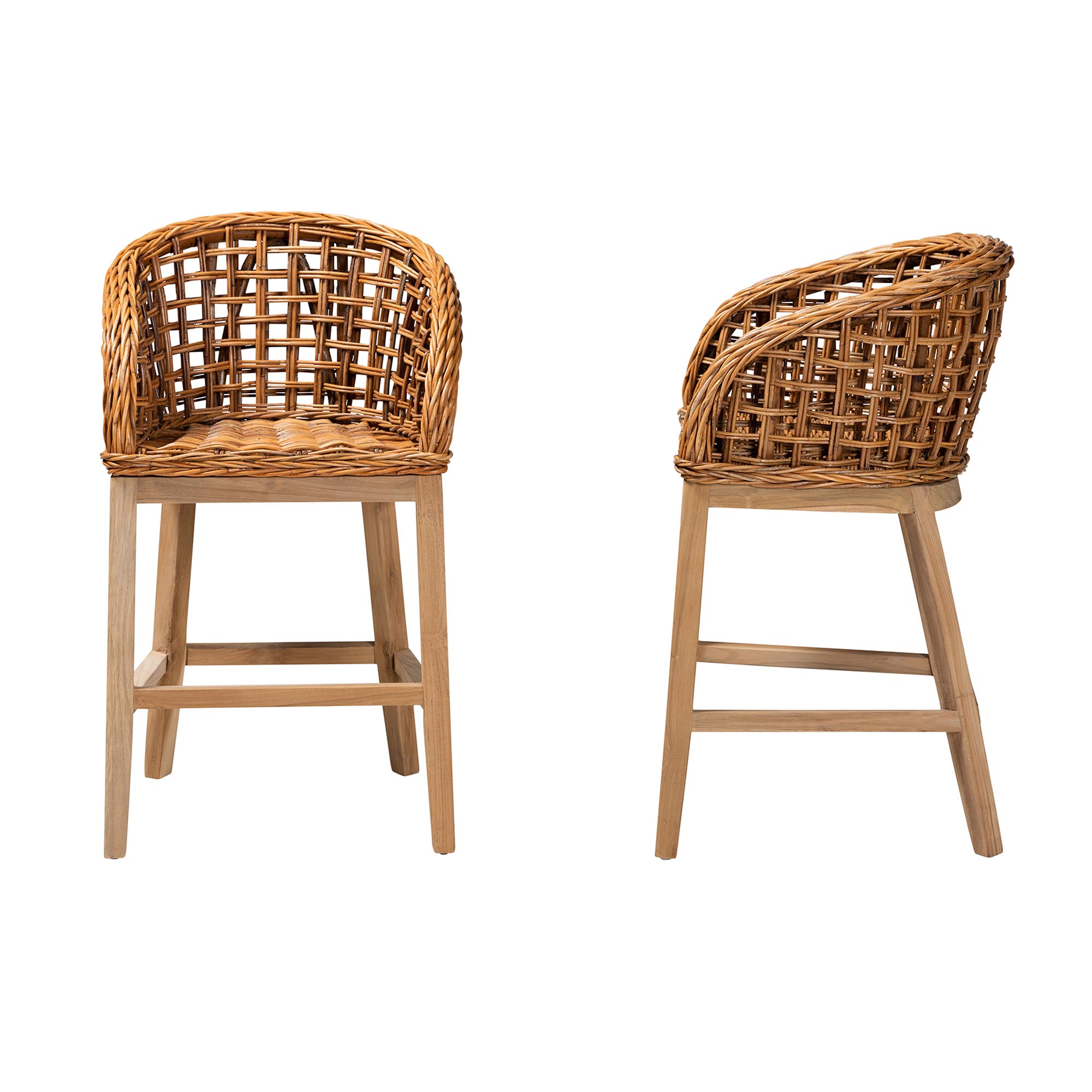 bali & pari Mario Modern Bohemian Natural Brown Finished Teak Wood and Rattan 2-Piece Counter Stool Set
